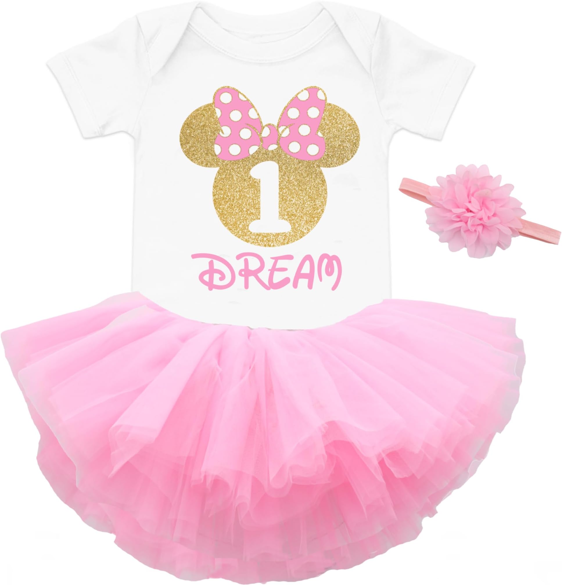 HandmadeMinnie Birthday outfit magical 1st 2nd 3rd 4th birthday outfit girl minnie birthday party shirt baby girl minnie pink tutu (Pink & Gold)