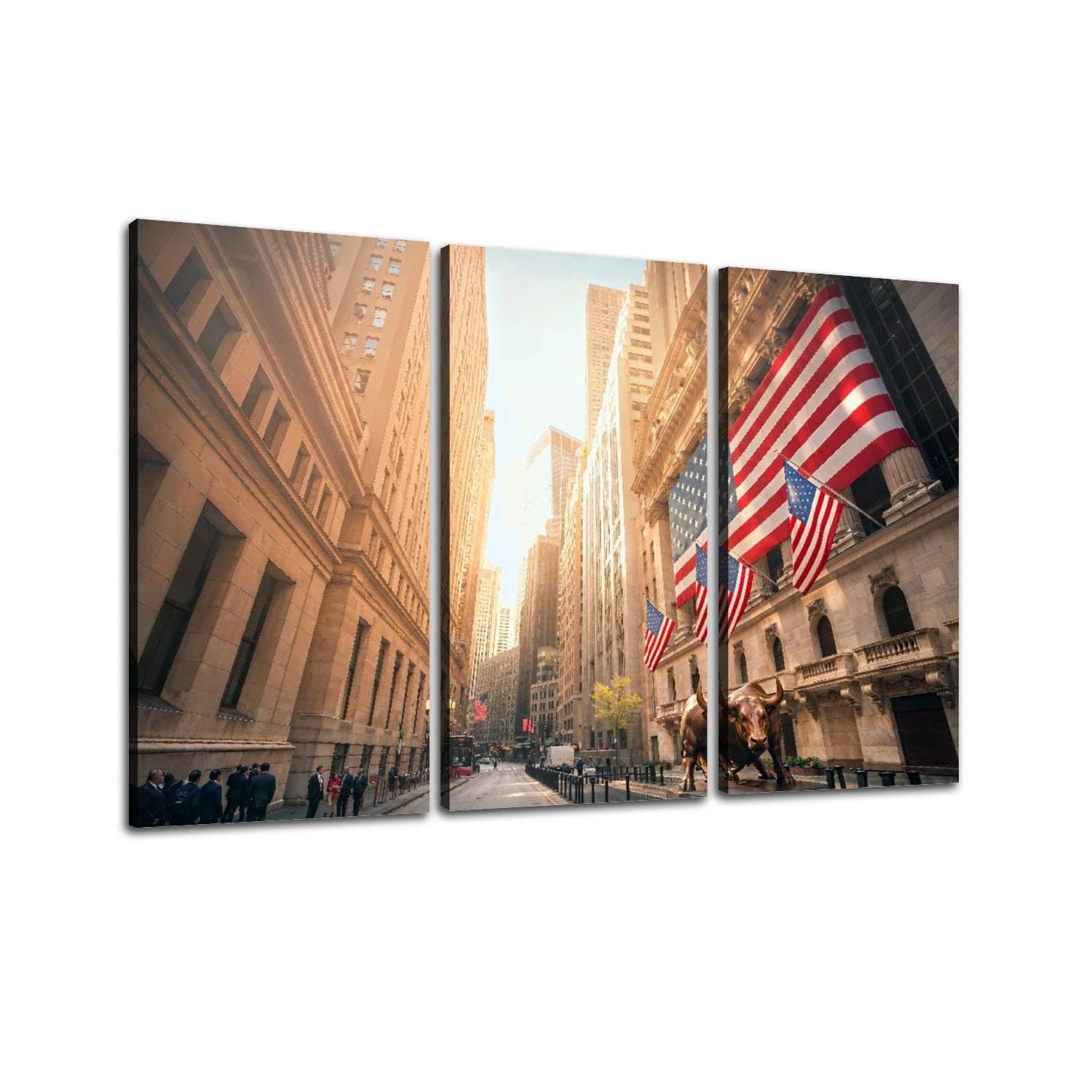 New York Stock Exchange, Wall Street, USA Print On Canvas Wall Artwork Modern Photography Home Decor Unique Pattern Stretched and Framed 3 Piece