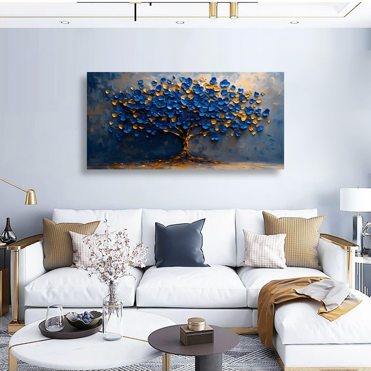 Kunstdruck auf Leinwand, abstrakter Baum, Schlafzimmer, Wanddekoration, Wohnzimmer, Baum des Lebens, Wandkunst, Büro, Küche, Gemälde, Kunstwerk, modern, blau-gelbe Blätter, Bilder, Kunstdrucke