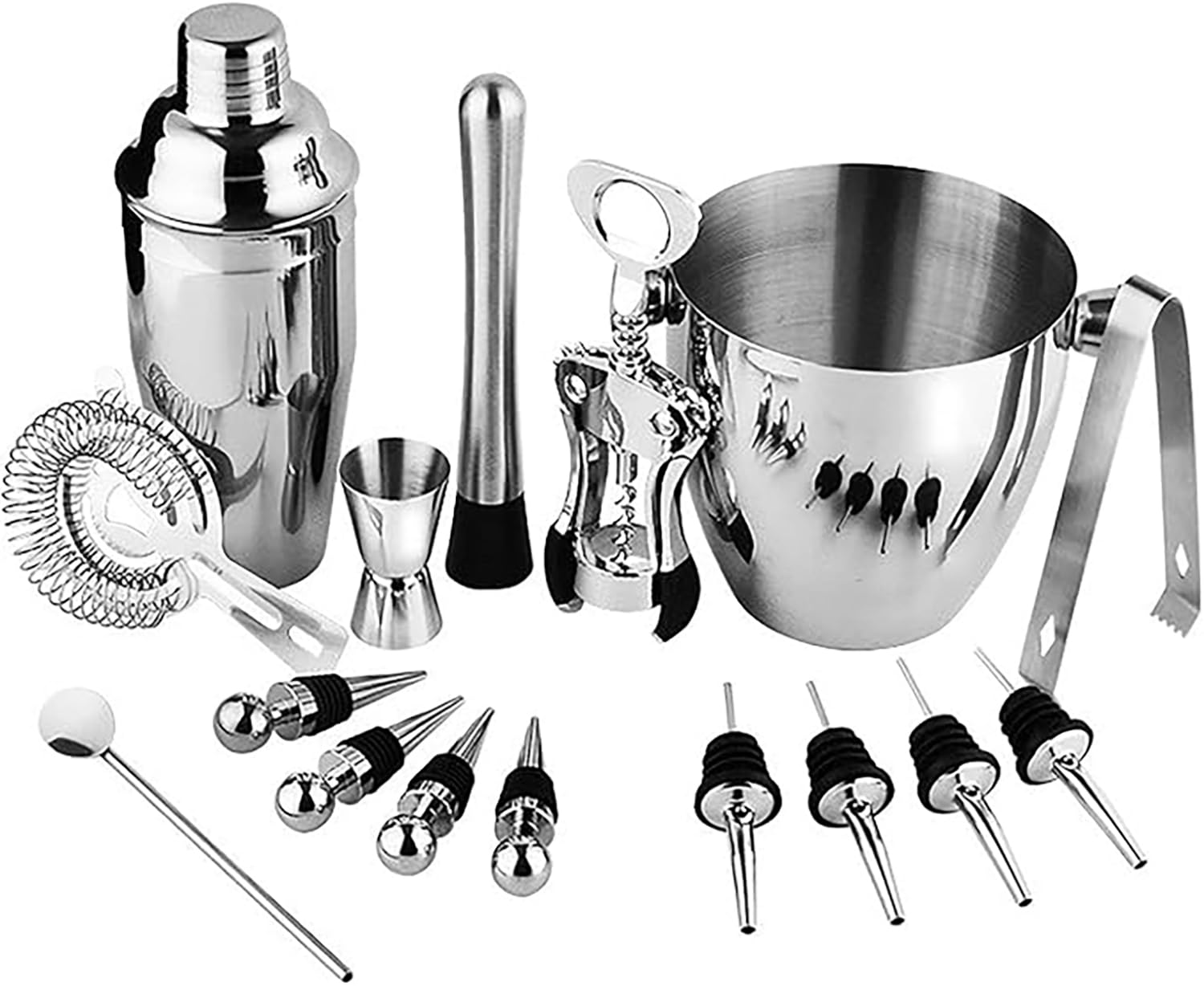 SKEIDO 16-Piece Wine and Cocktail Mixing Bar Set–Bartender Kit w/Essential Barware Tools-Large Stainless Steel Shaker Ice Bucket Muddler Double Sided Jigger Home cocktail making tools