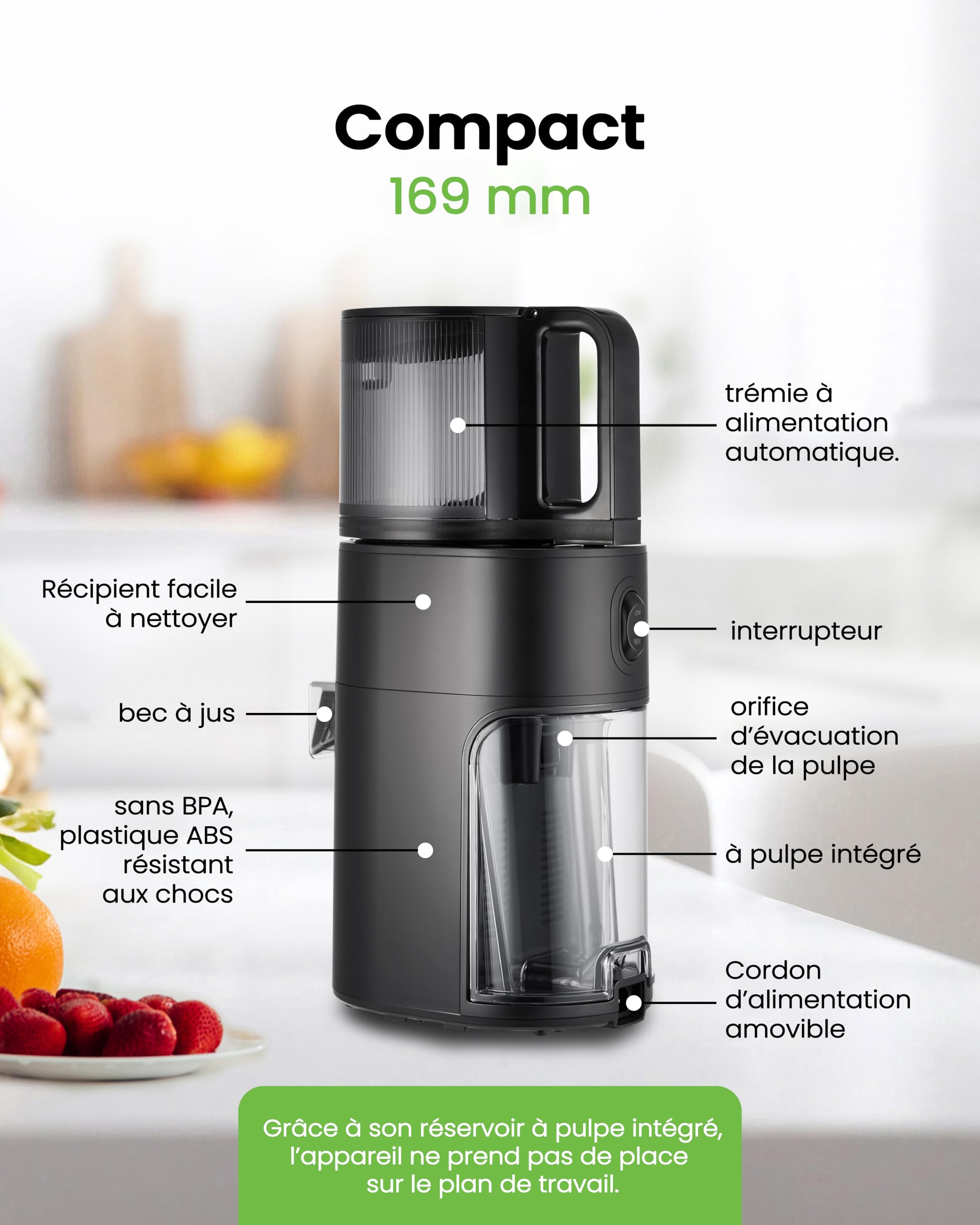 Hurom Extracteur de Jus Fruits et Légumes H400 | Centrifugeuse Extracteur de Jus Silencieux et Facile à Nettoyer | Sans BPA | Hopper 2L, Chamber 550ml