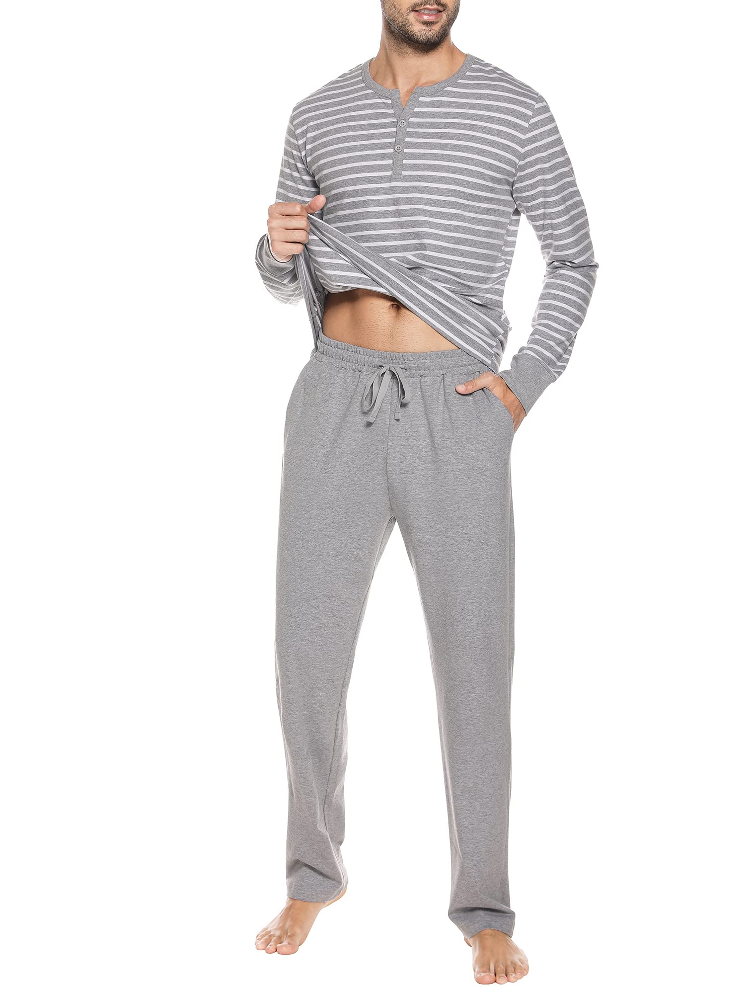 Pyjama 2 pièces pour Homme - Long Pyjama en Coton - Ensemble de vêtements de Nuit d'hiver à Manches Longues avec boutonnière, col en V et Design à Rayures