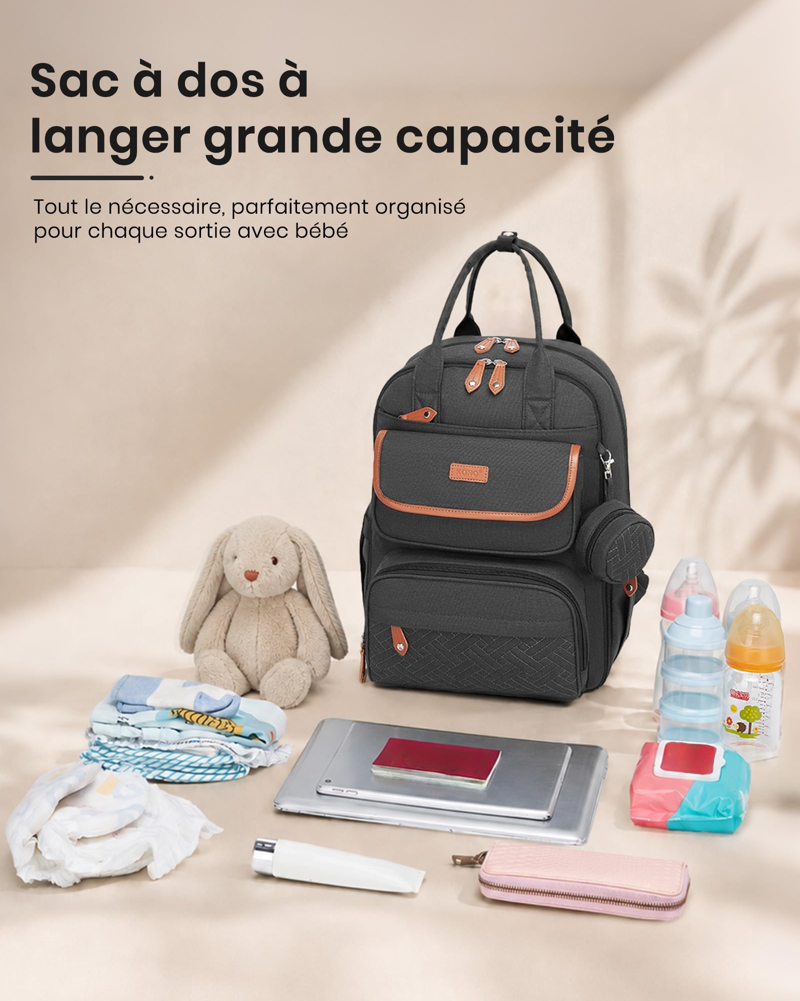 Kono Sac à Dos à Langer Bébé Grande Capacité Maman Papa avec Tapis à Langer