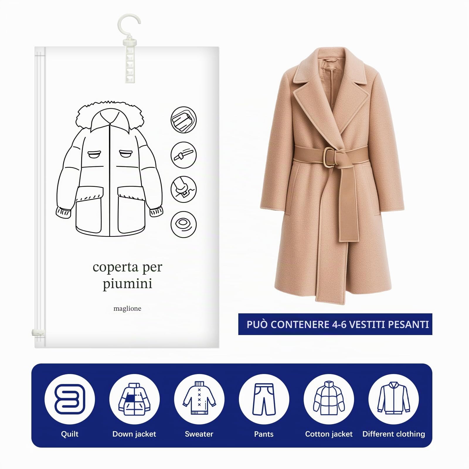 6 pezzi Sacchetti sottovuoto vestiti da appendere - 70×110 cm buste sottovuoto vestiti - trasparenti e riutilizzabili, Copriabiti da Armadio per armadio, per cappotti, giacche e abiti