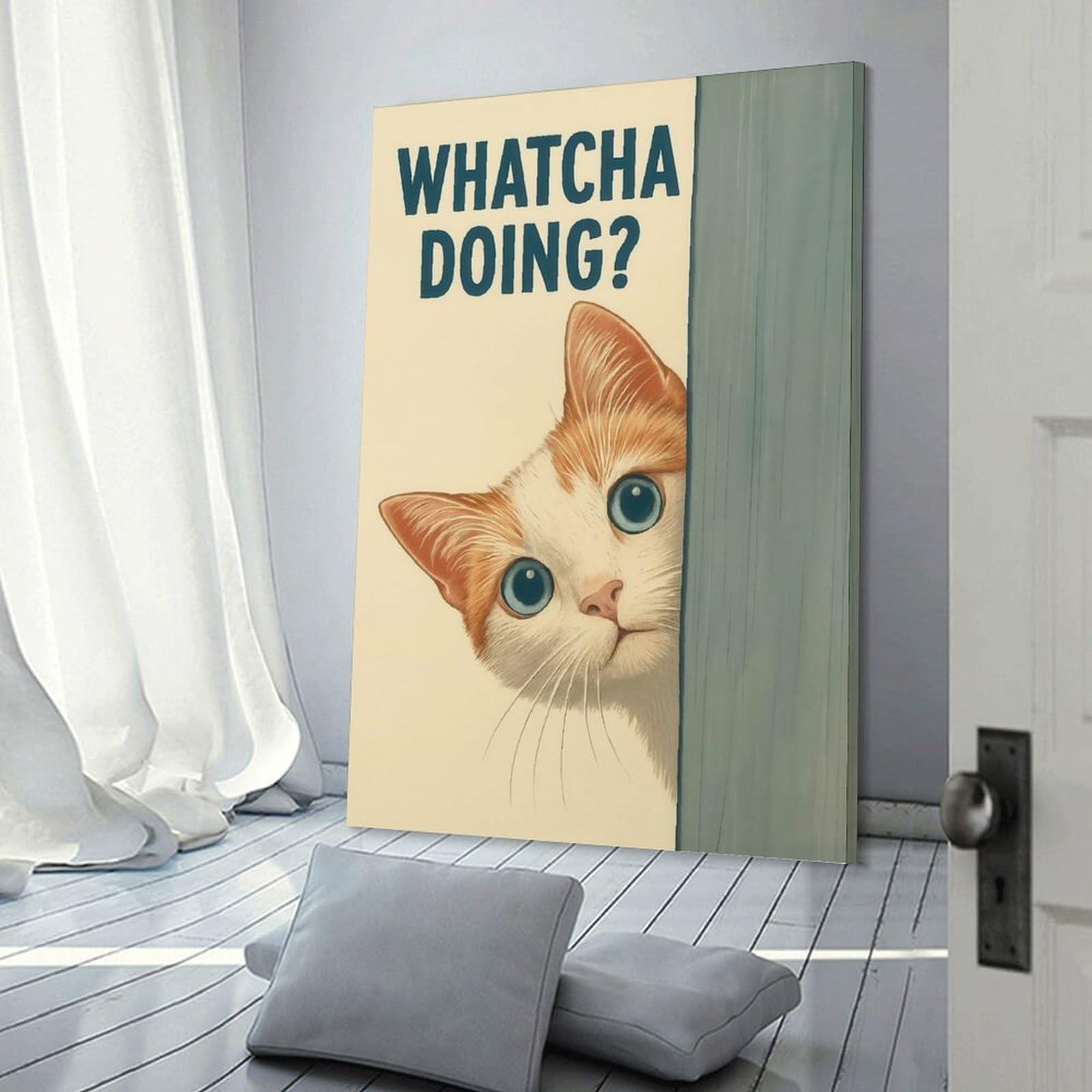 Junmoney Wall Decor Canvas Print Whatcha Doing Curious Cat Peeking, 16x24inch(40x60cm), for Study, Office Or Apartment Decor, Canvas Artwork with Gifting Potential