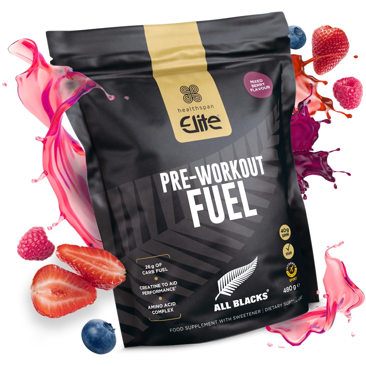 Healthspan EliteAll Blacks Pre-Workout Fuel (480g) | 25g of Carbohydrate Per Serving | Creatine to Aid Performance | Vegan (480g, Berry)
