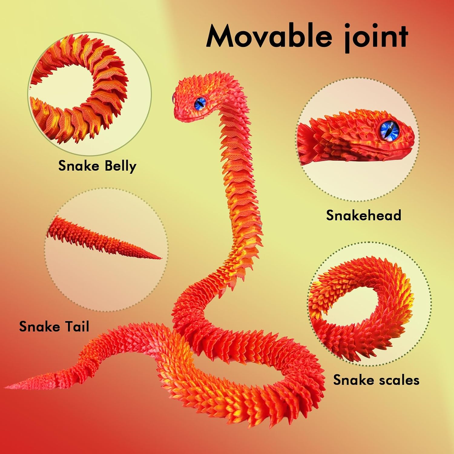 3D Printed Animals Snake, 30 Inch Surprise Mystery Fidget Anaconda Toy, Fake Python Statue with Realistic Eyes，3-D Print Articulated Viper Collectible for Home Office Executive Desk Decoration