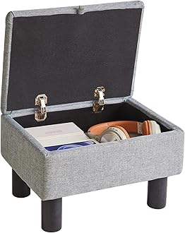 Aibiju Foot Rest for Couch, Foot Stool Ottoman with Wood Legs, Linen Upholstered Ottoman with Storage 16x12x9.5inch Flip Top Small Stool for Living Room Dorm Blue Gray YD-JD1362