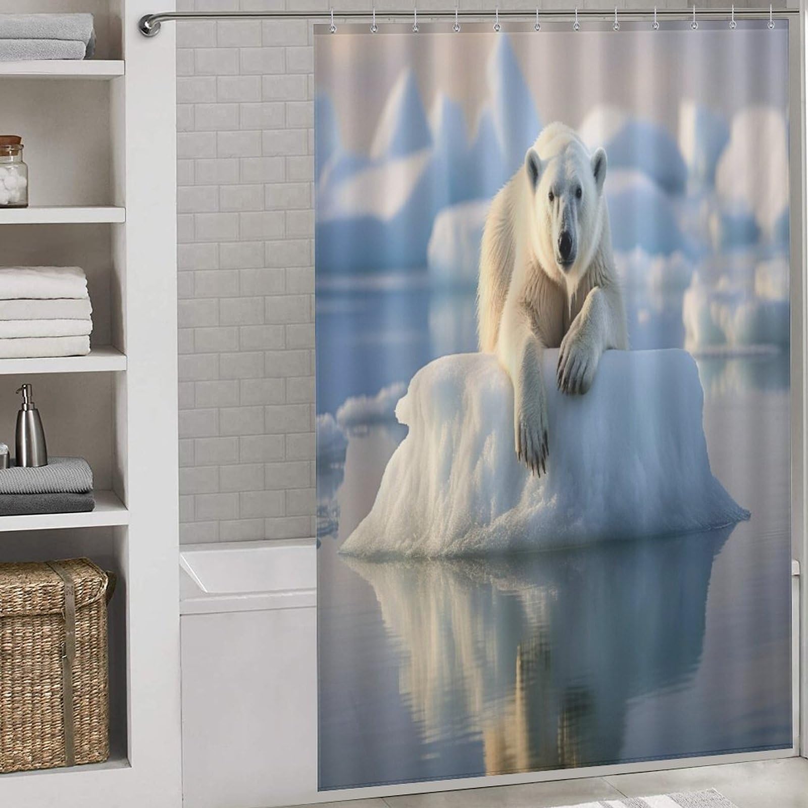 Rideau de douche salle de bain ours polaire déco nordique lavable en tissu