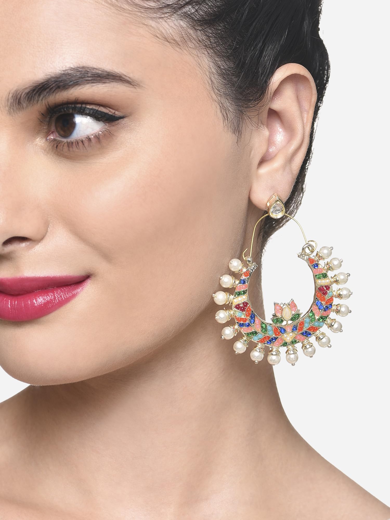 Crescent Lotus Ethnic Dangle Earrings with Stones - ZPFK16398