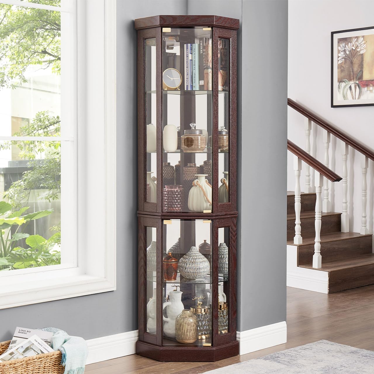 Corner Curio Cabinet with Glass Doors - Modern Corner Bar Cabinet for Home Bar Storage, Corner Display Cabinet with LED Lighting and Wine Glass Rack (Cherry)