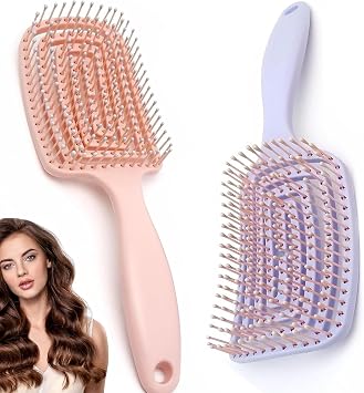 Hair Brush Dry Wet Detangling, Curly - Curved and Vented for Women, Men or Kids Faster Blow Drying Styling Professional Paddle Vent detangler Bounce Curl Defining Brush Travel Brushs Purple + Pink