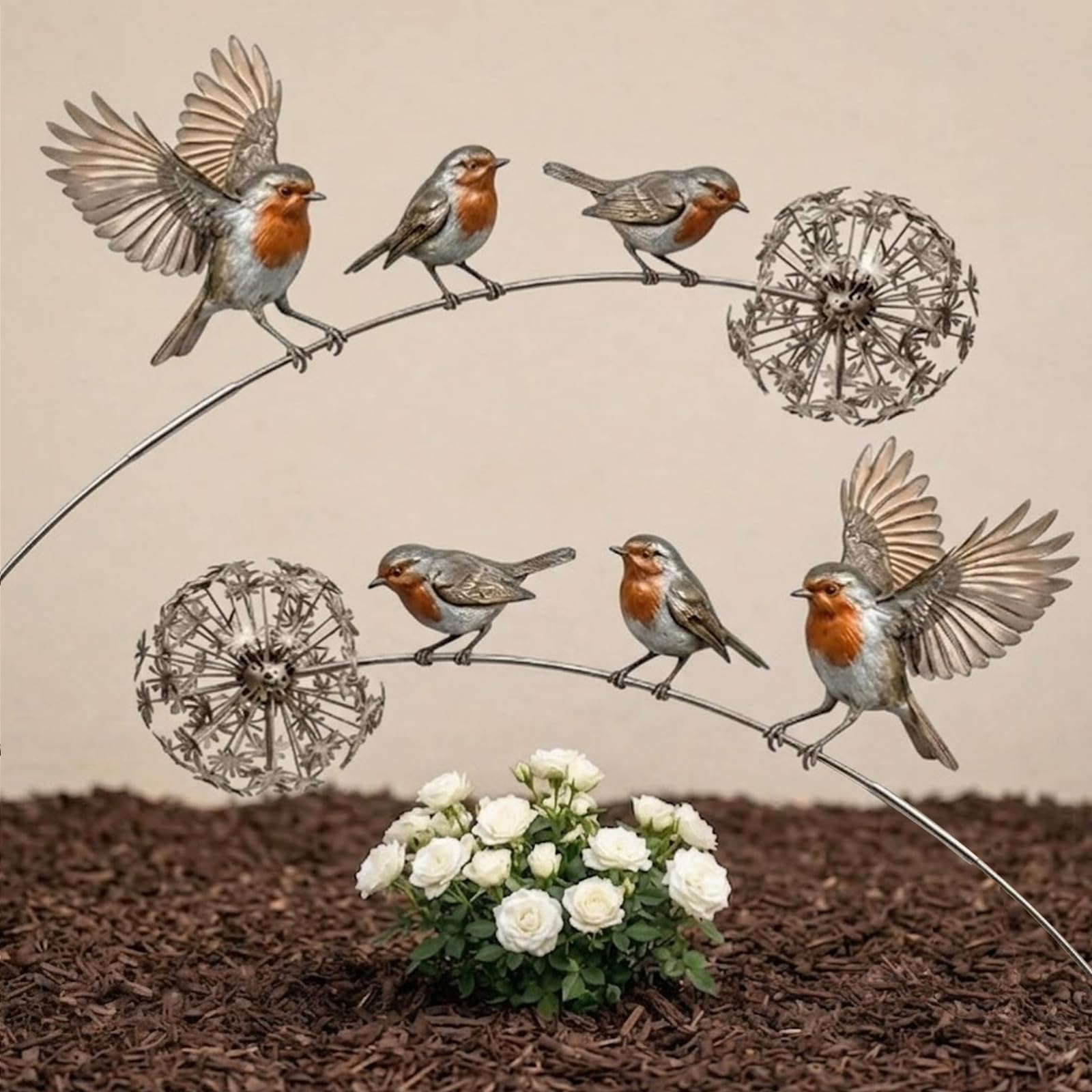 CUOSTU Metal Robin Garden Stake 60cm Long, Robin Memorial Garden Stake with 3 Robins and Dandelion Design, Rust Resistant Gardens Stakes Decoration Robins for Lawn Patio Flower Bed Backyard (2 PCS)