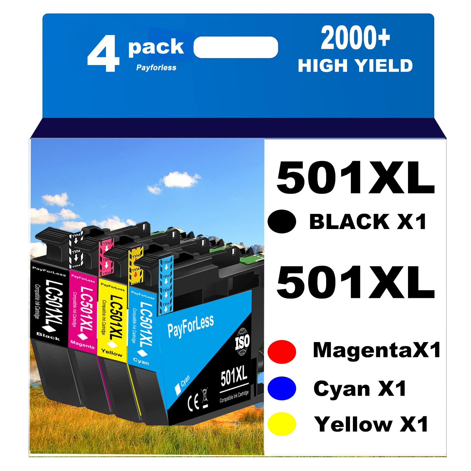 LC501XL Ink Cartridges for Brother Printer Compatible for Brother LC501 | LC 501 Ink Cartridges for Brother MFC-J1260DW MFC-J1360DW MFC-J1410DW Printer 4 Pack (1 Black, 1 Cyan, 1 Magenta, 1 Yellow)