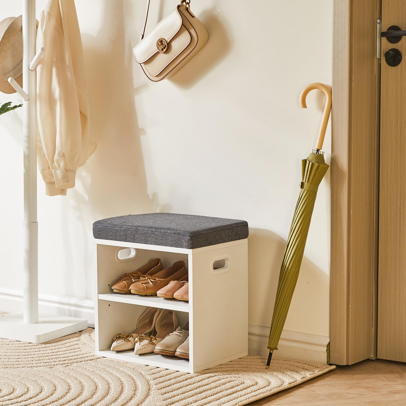 YMYNY Schoenopbergbank met kussen, 2-laags schoenenrek met gewatteerde zitting, verstelbare schoenorganizer kast voor entree, woonkamer, hal, kast, slaapkamer, 42H* 39L x 28Wcm, wit, HBD028W