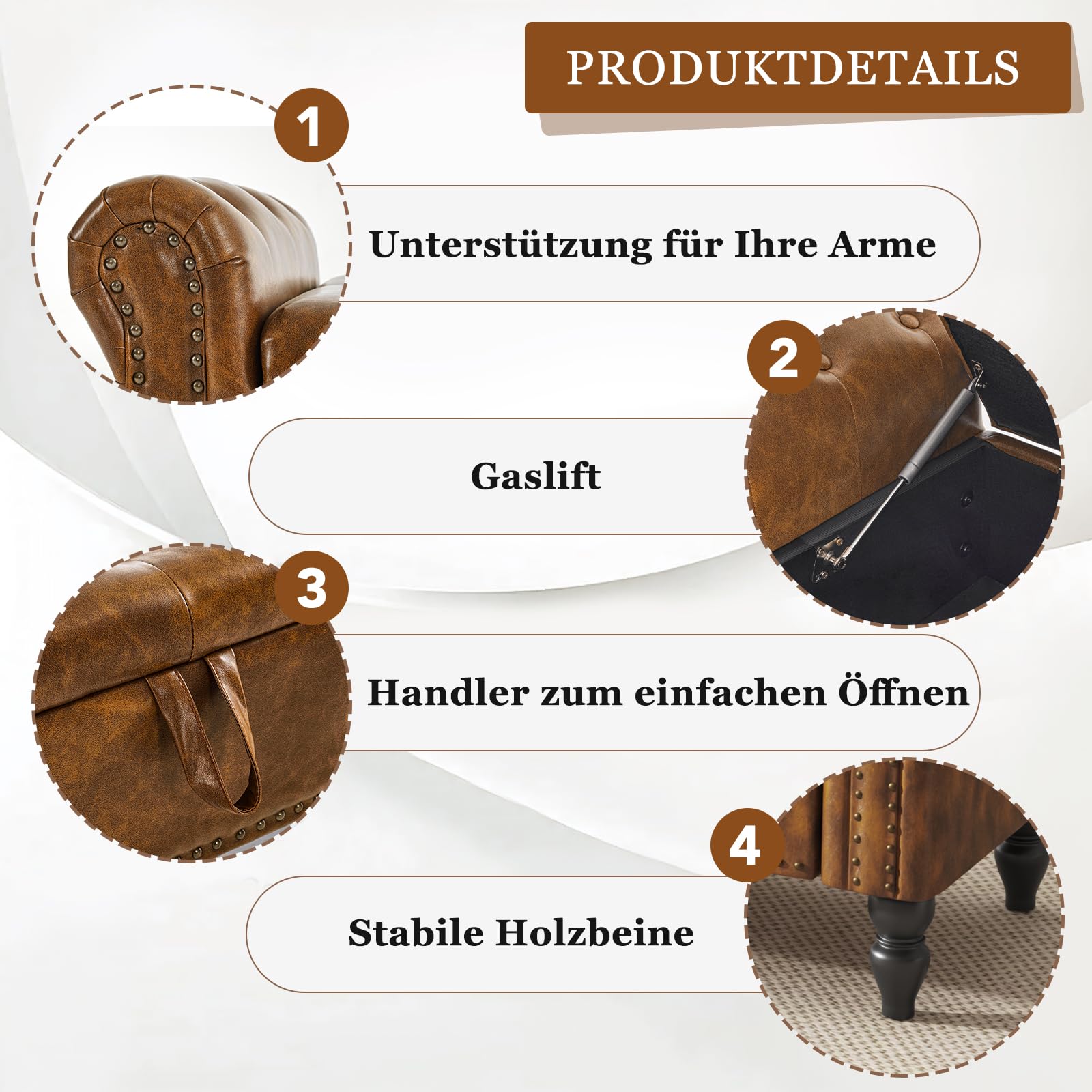 Sitzbank mit Stauraum 132cm, Aufbewahrungsbox, Fußbank, Bettbank, Sitztruhe mit Armlehnen aus PU-Kunstleder für Wohnzimmer Schlafzimmer Flur, GelbBraun