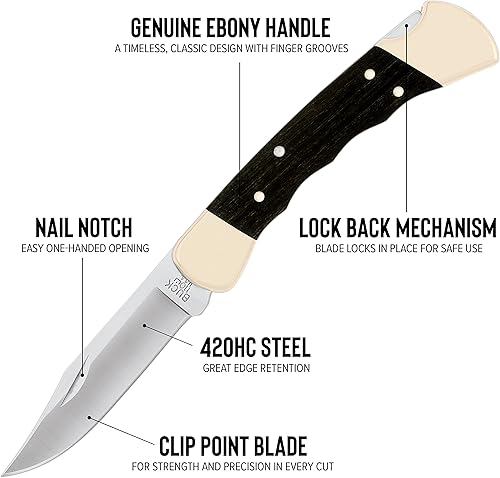 Miniatura 5 de Buck Knives 110 Folding Hunter - Cuchillo plegable con ranuras para los dedos y funda de cuero