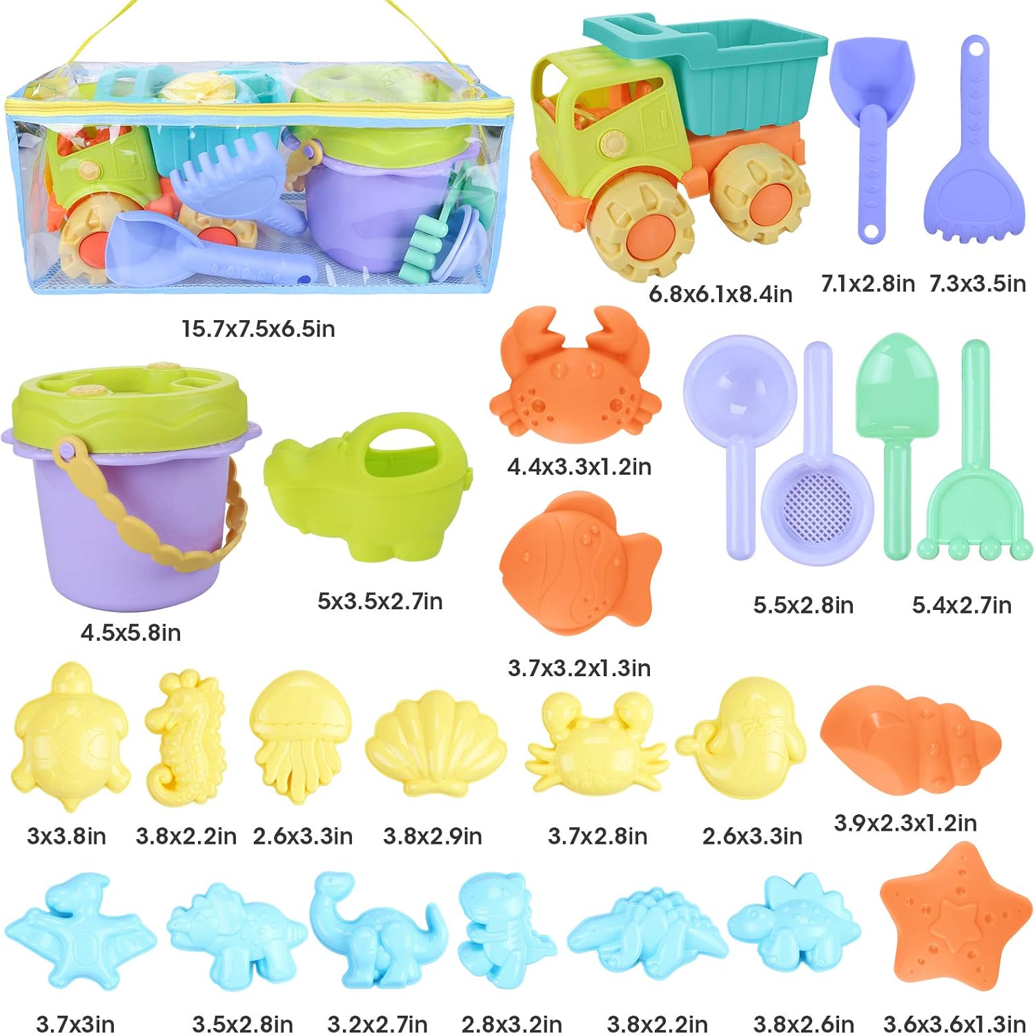 SevenQ Kids Beach Sand Toys with Mesh Bag, 27 PCS Outdoor Beach Toys Sandbox Toys, Include Dump Truck, Bucket, Water Can, Shovel Tool Kit, Dinosaur and Ocean Animal Molds Winter Snow Toys : Toys & Games