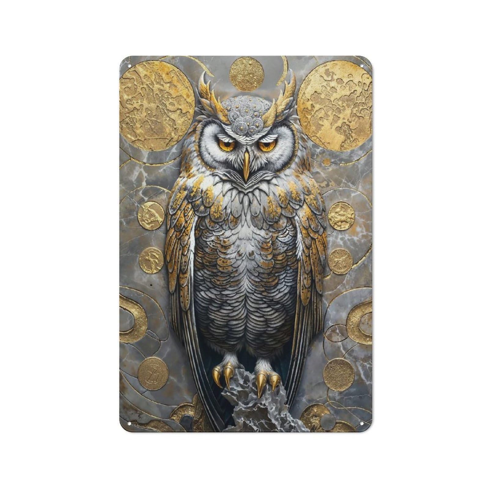 Junmoney Style-23 For Hobby Room Or Studio, Golden Owl Guardian Majesty Rustic Tin Wall Plaque 30X20cm, For Vintage Wall Decor Fans, For Metal Sign Collectors