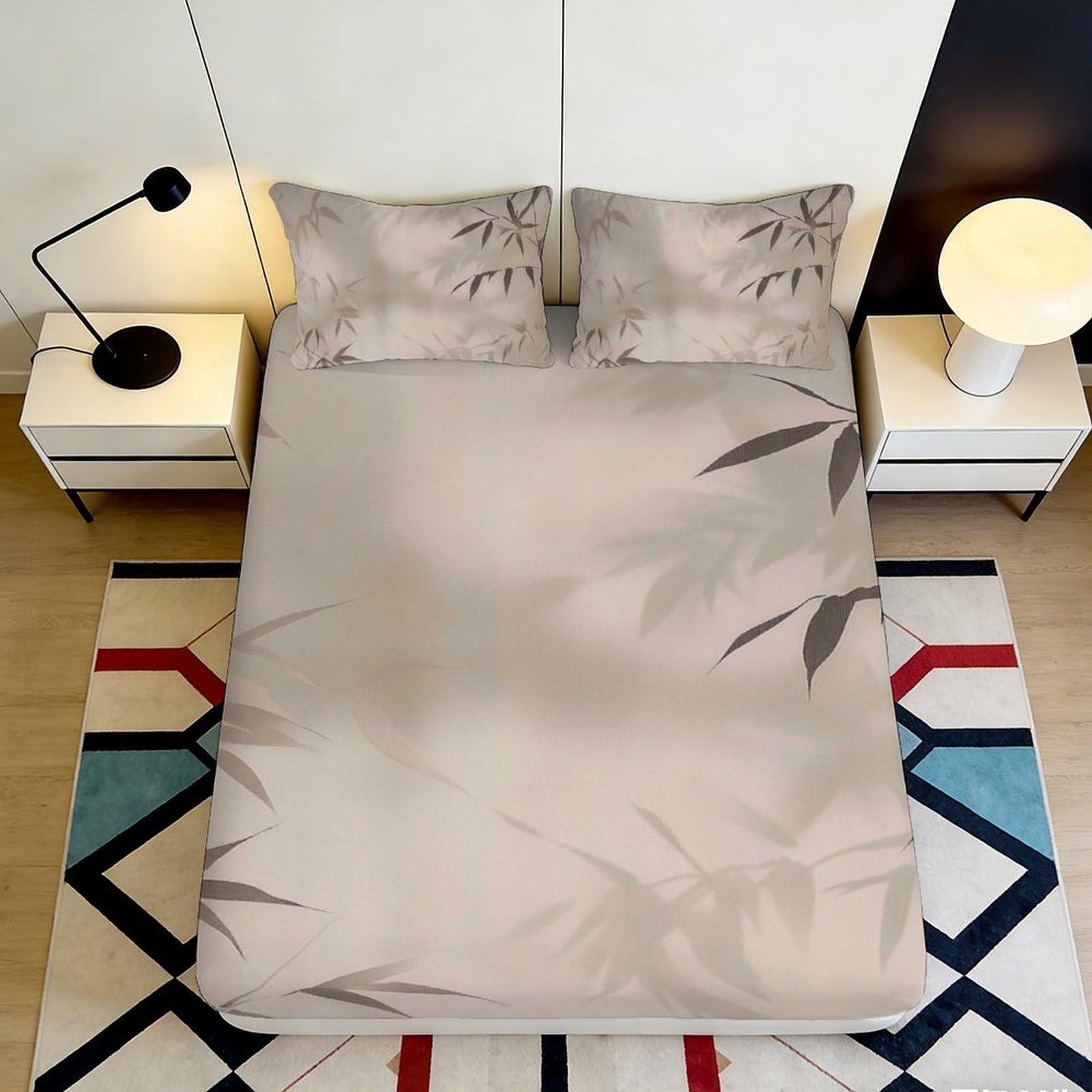 3D Printed Bamboo Shadow Fitted Sheet Microfiber Soft Breathable Zen Leaf Mattress Cover for Bedroom Guest Room Decor 90x200x25cm