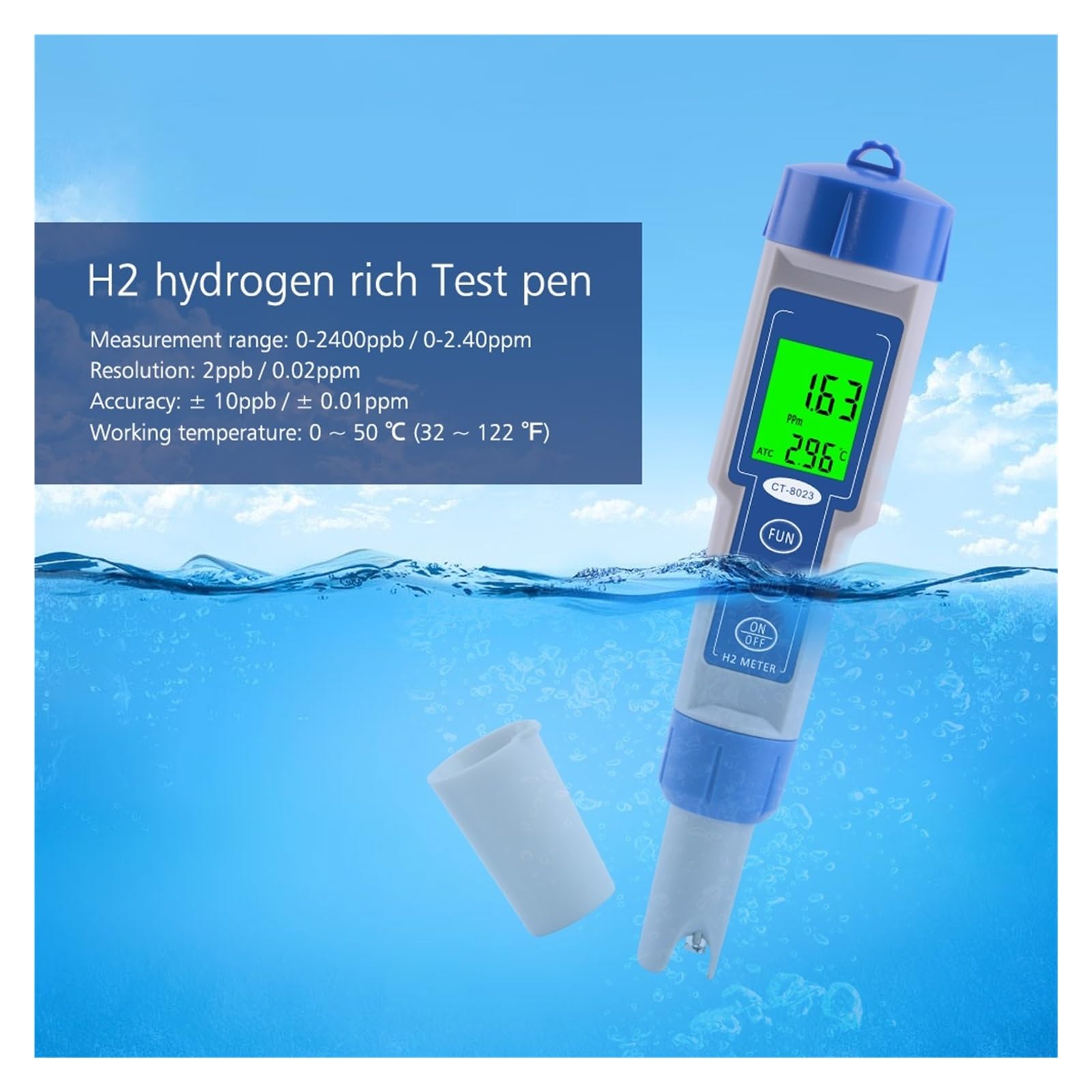 CT-8023 Pluma De Prueba De Calidad Del Agua Rica En Hidrógeno Medidor De Hidrógeno H2 0-2400ppb /0-2.40ppm Generadores De Hidrógeno For La Salud(Without backlight)