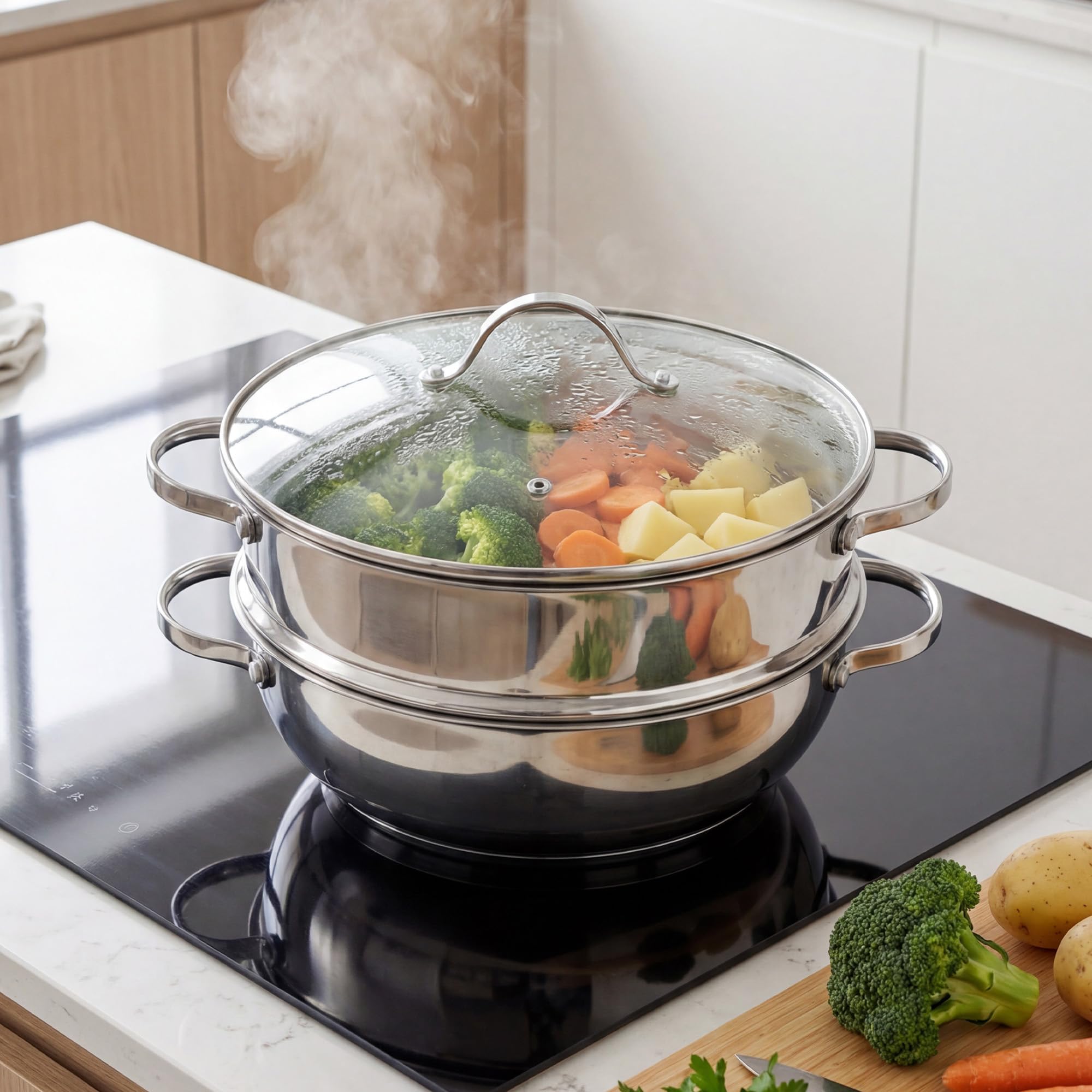 GRÄWE Pot met 2 stoominzetstukken en glazen deksel, stoompan, stoomkoker, groente- en aardappelstoomkoker, vaatwasser, geschikt voor inductie, 28 cm