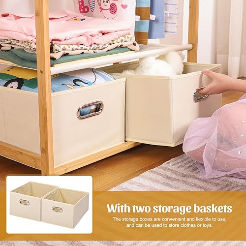 Miniatura 4 de Perchero de bambú para niños con 2 cestas de almacenamiento y 2 varillas ajustables para colgar, estante de ropa para niños, estante de disfraces
