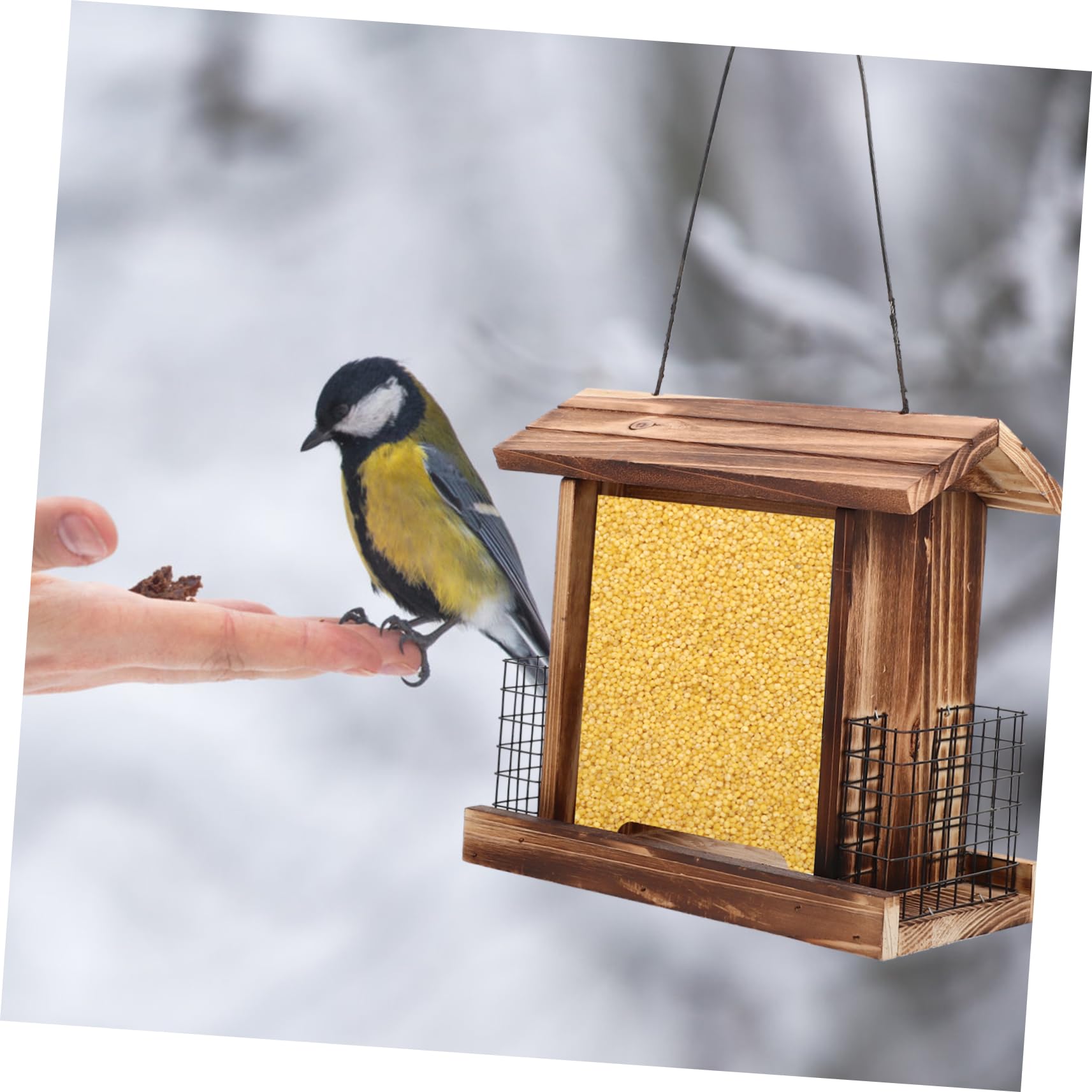 TOYANDONA Mangiatoia per Uccelli Sospesa in Legno Contenitore per Mangiatoia per Uccelli da Esterno per Gabbia