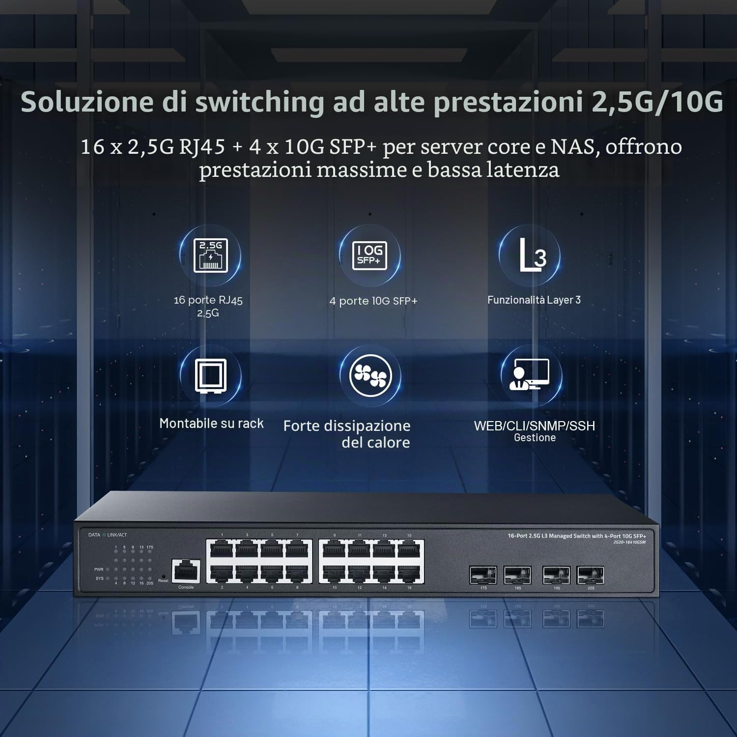 Binardat Switch gestito Web 20 porte 2.5G, 16 x 2,5G, 4 porte SFP da 10 Gigabit, Web/CLI-L3 gestito, switch di rete multi-Gigabit in metallo