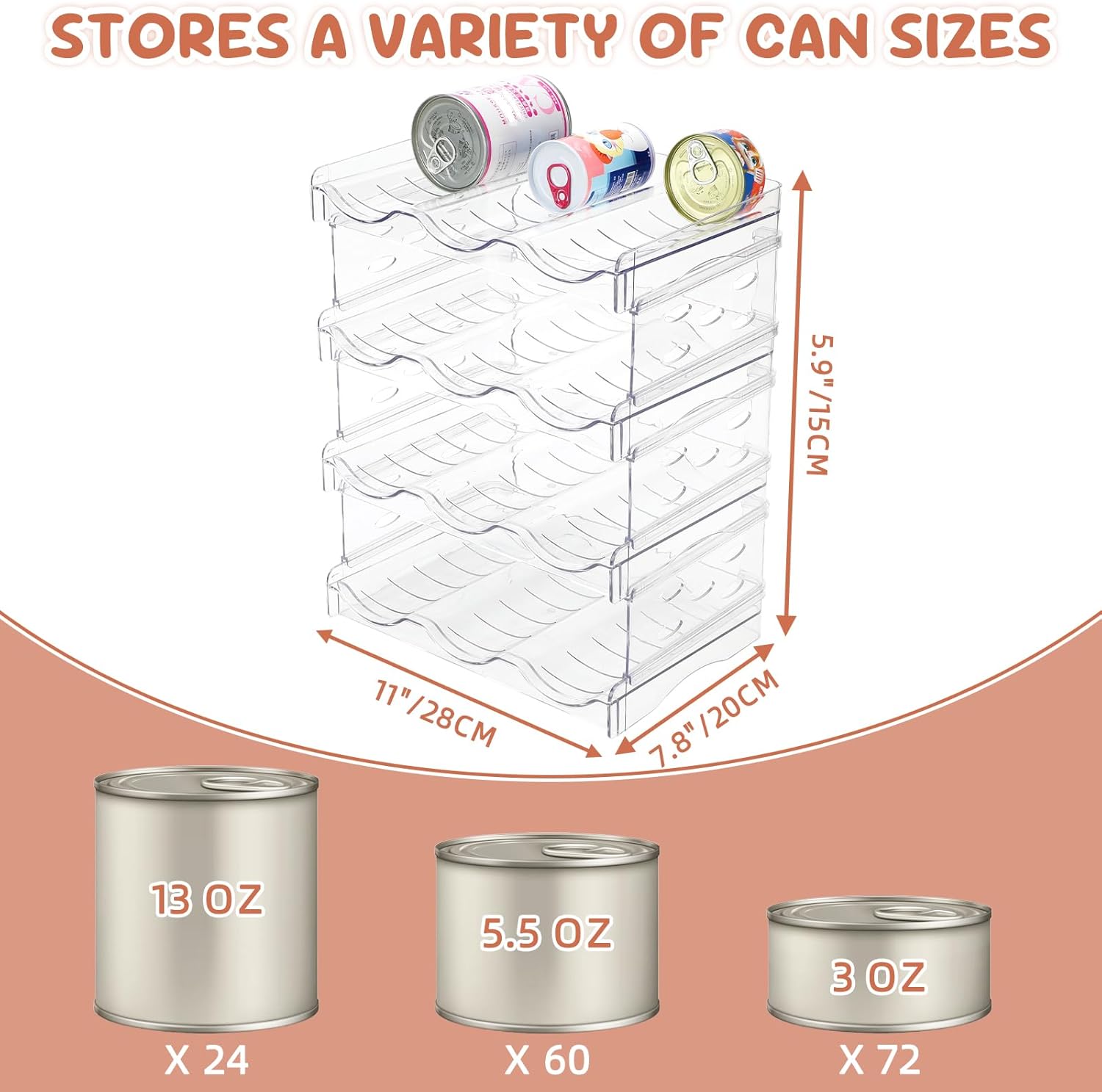 FHTONGE Heavy-Duty Cat Can Organizer for Multiple Sizes, Transparent Wet Cat Food Storage Rack for Pantry Kitchen Cabinet Rridge, 4-Tier Pet Canned Goods Dispenser Shelf Dog Tins Holder Container
