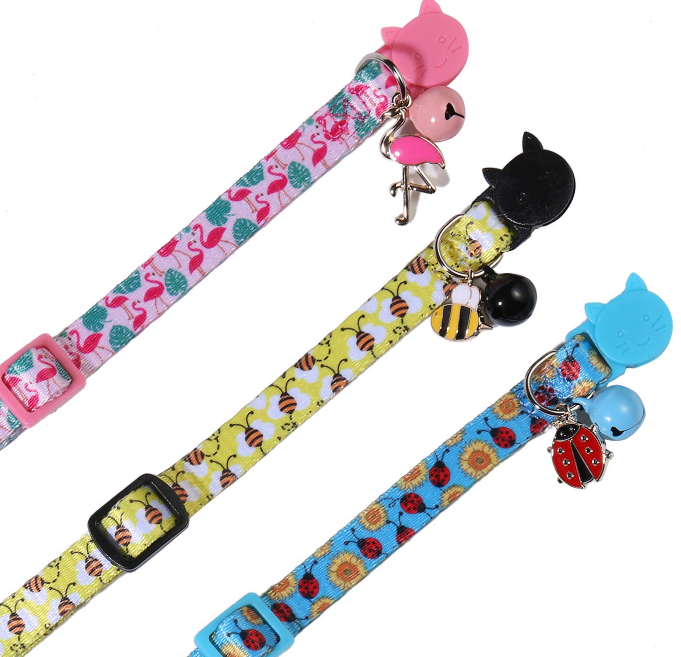 BoomBone Katzenhalsband-Set mit Glöckchen und niedlichen Tier-Anhängern, 3 Stück in Rosa, Gelb und Blau, für Katzen und extra kleine Hunde, verstellbar von 19,8 cm bis 30 cm mit 1 cm Breite