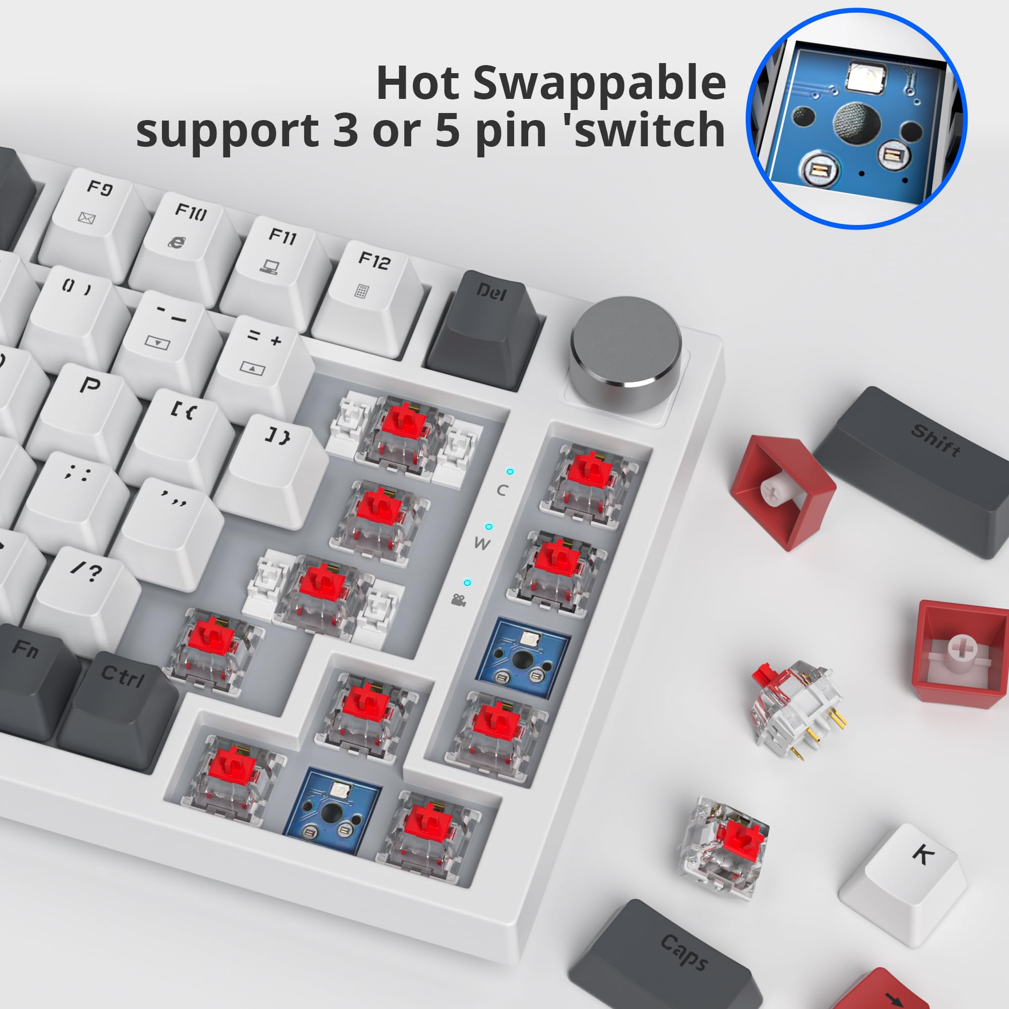 SOLIDEE Przewodowa klawiatura mechaniczna do gier 75% Hot Swappable,Gasket klawisze Red Switch z podświetleniem RGB,82 klawisze TKL klawiatury mechanicznej z pokrętłem sterującym(82 Grey_White)