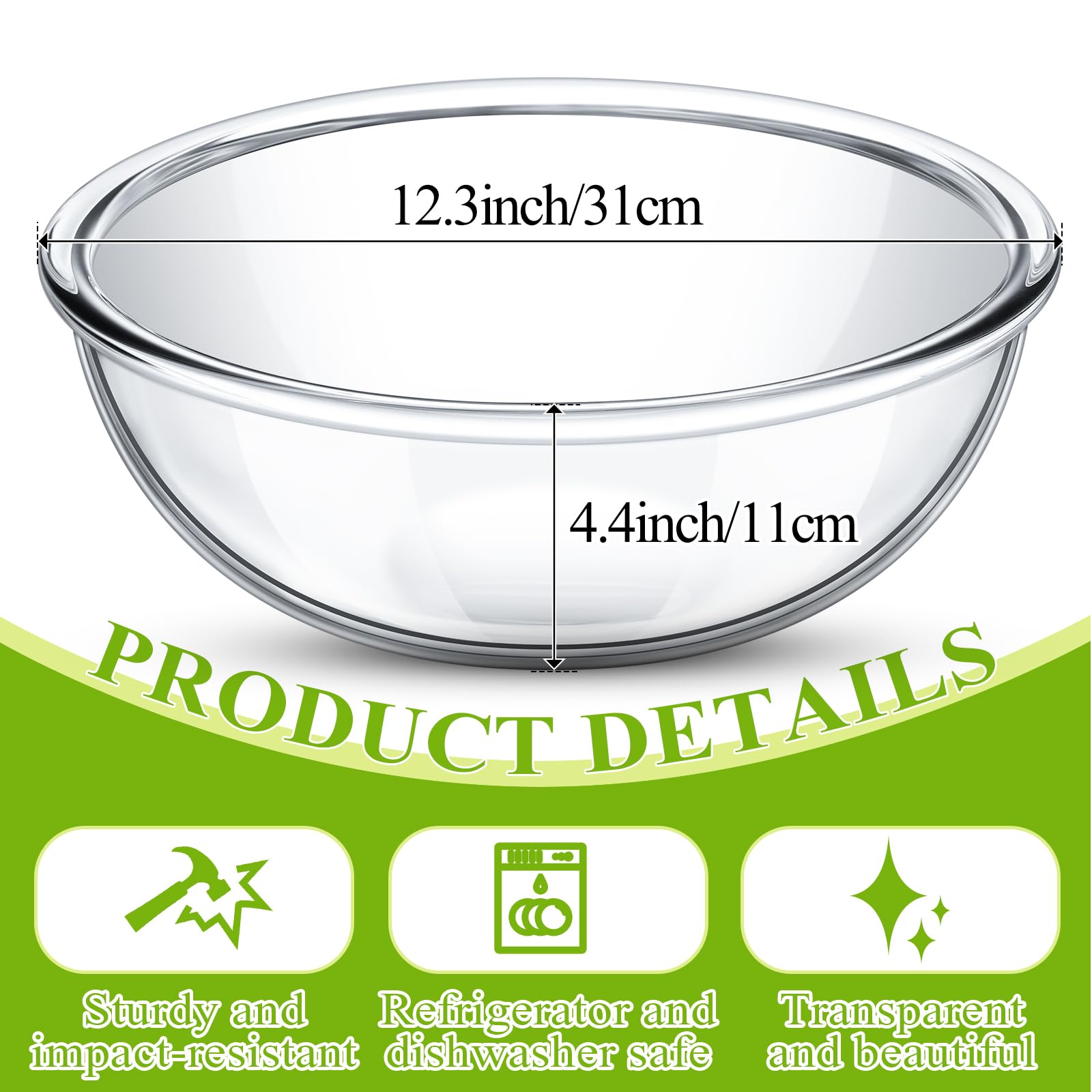 Domensi Cuencos de vidrio de 6.5 cuartos de galón, tazón grande de vidrio transparente, cuenco de ensalada de vidrio para servir cuencos de cocina para almacenamiento de pan, ensalada, lavavajillas,