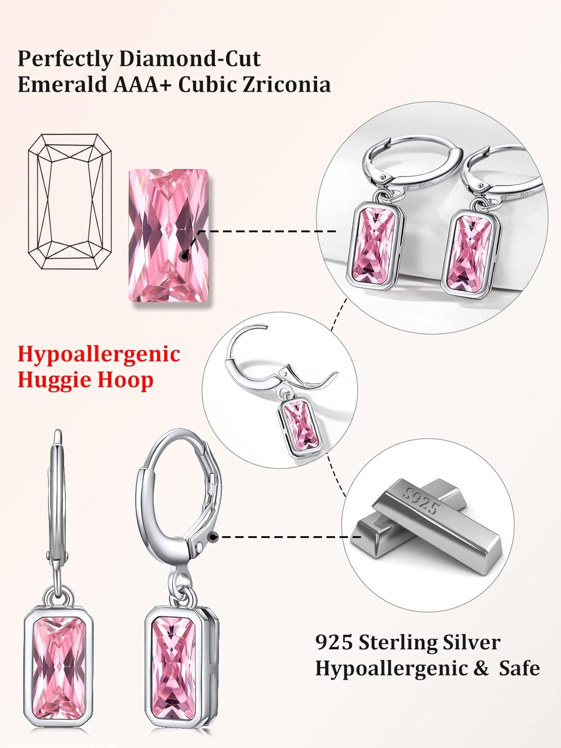 Bestyle Sterling Silver Small Dainty Birthstone Drop Earrings for Women with Rectangular Baguette Crystal & Huggie Hoop Silver Dangle Earring for Wedding Birthday Everyday Wear - Image 8