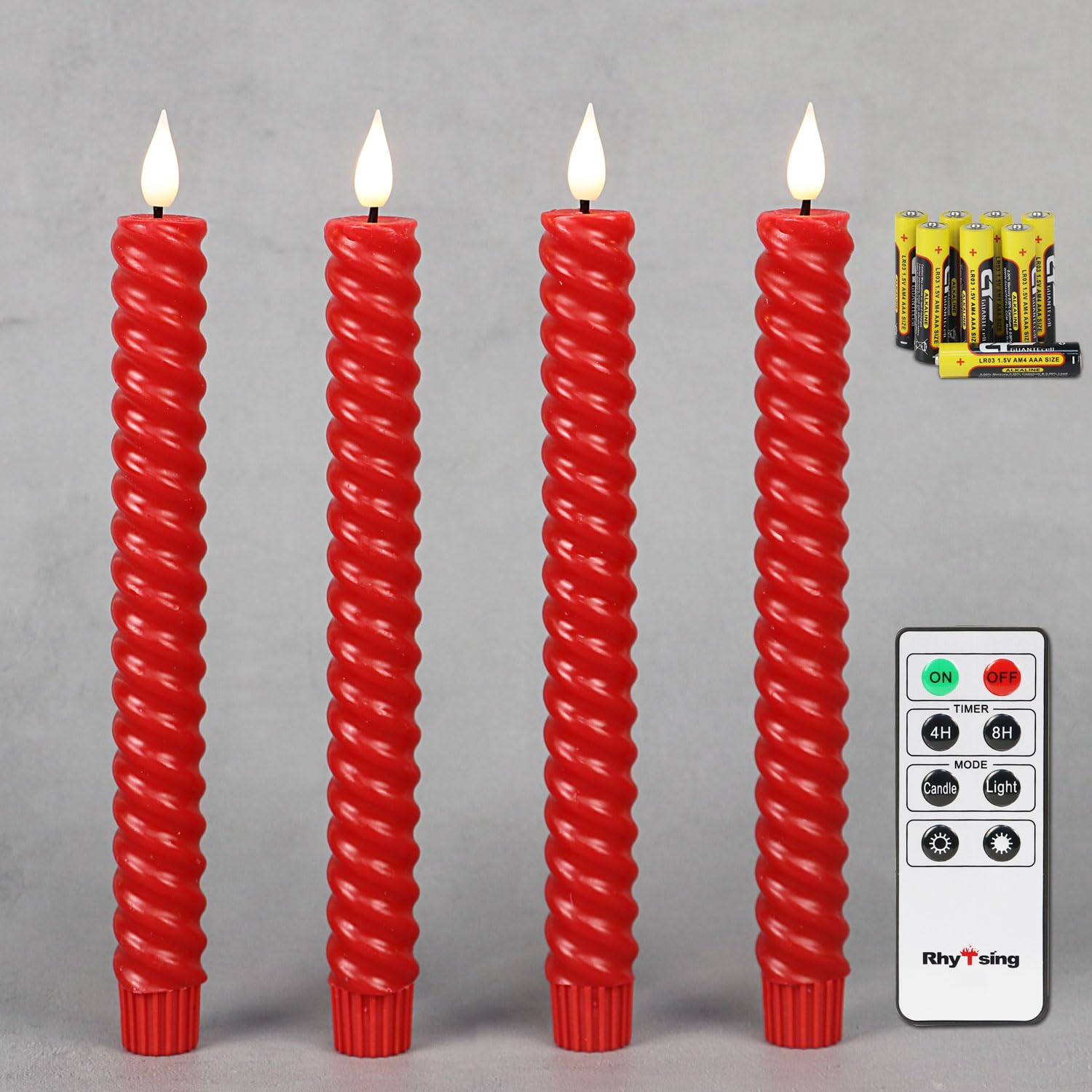 Rhytsing Red Spiral Twisted Set Of 4 Red Flameless Twist Taper Candles With Timer, Battery Powered Spiral Table Dinner Wedding Candles, Warm White Light, Remote & Batteries Included