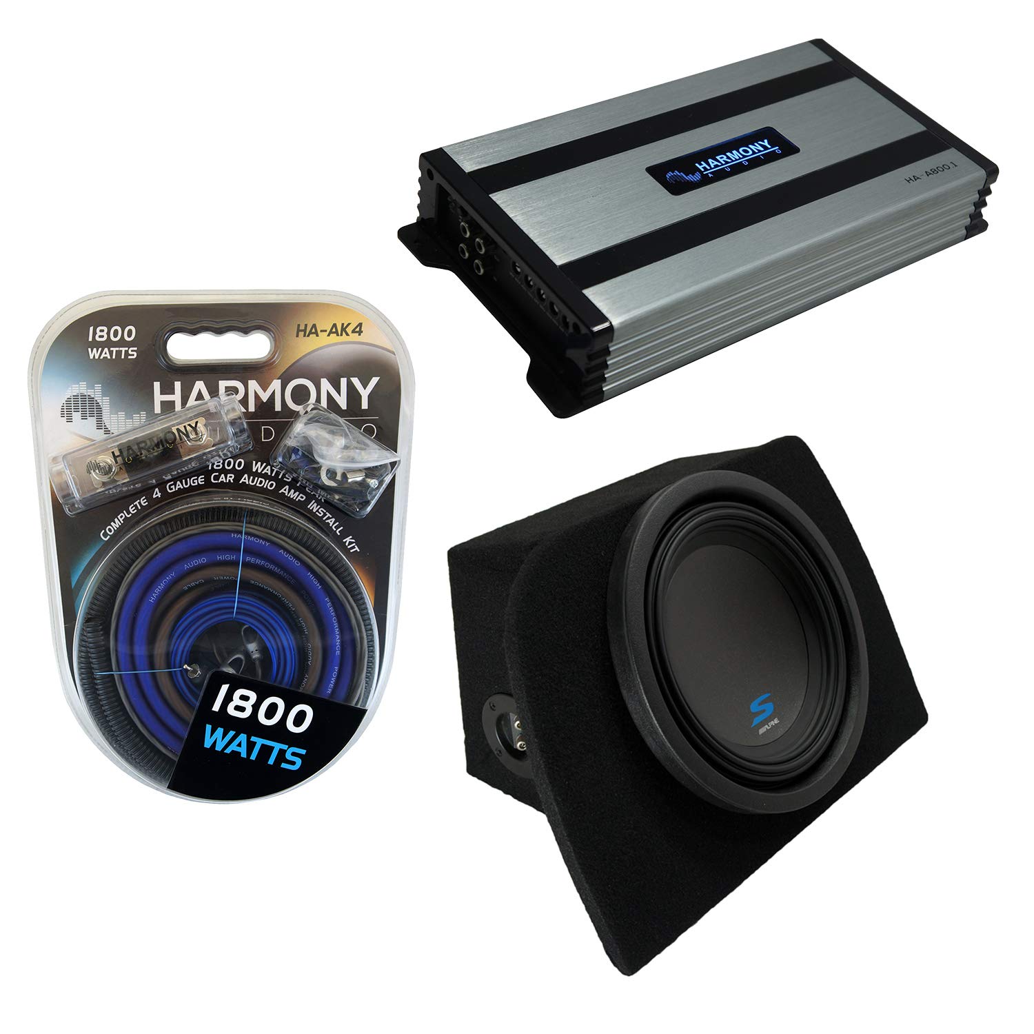 Harmony Audio HA-A800.1 Compatible with 1990-2005 Mazda MX-5 Miata Class D 1600 Watt Sub Amp, S-W10D4 Type S Series Sub Dual 4 Ohm 1200W Peak 10" and MAZDA1X10-MIATA Sub Box