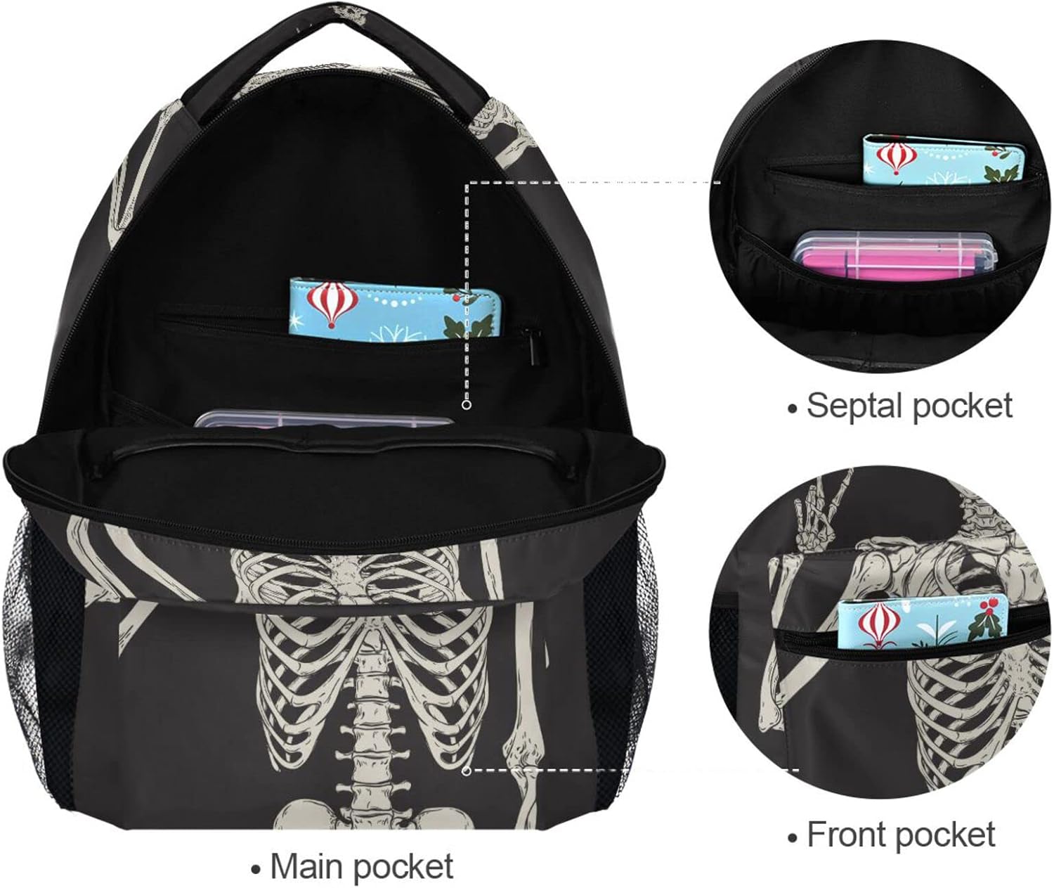 JIPONI Black Halloween Skull Skeleton Peace Backpack For Women Men, Student School Bag Bookbag Travel Laptop Backpack Purse Daypack - Image 6