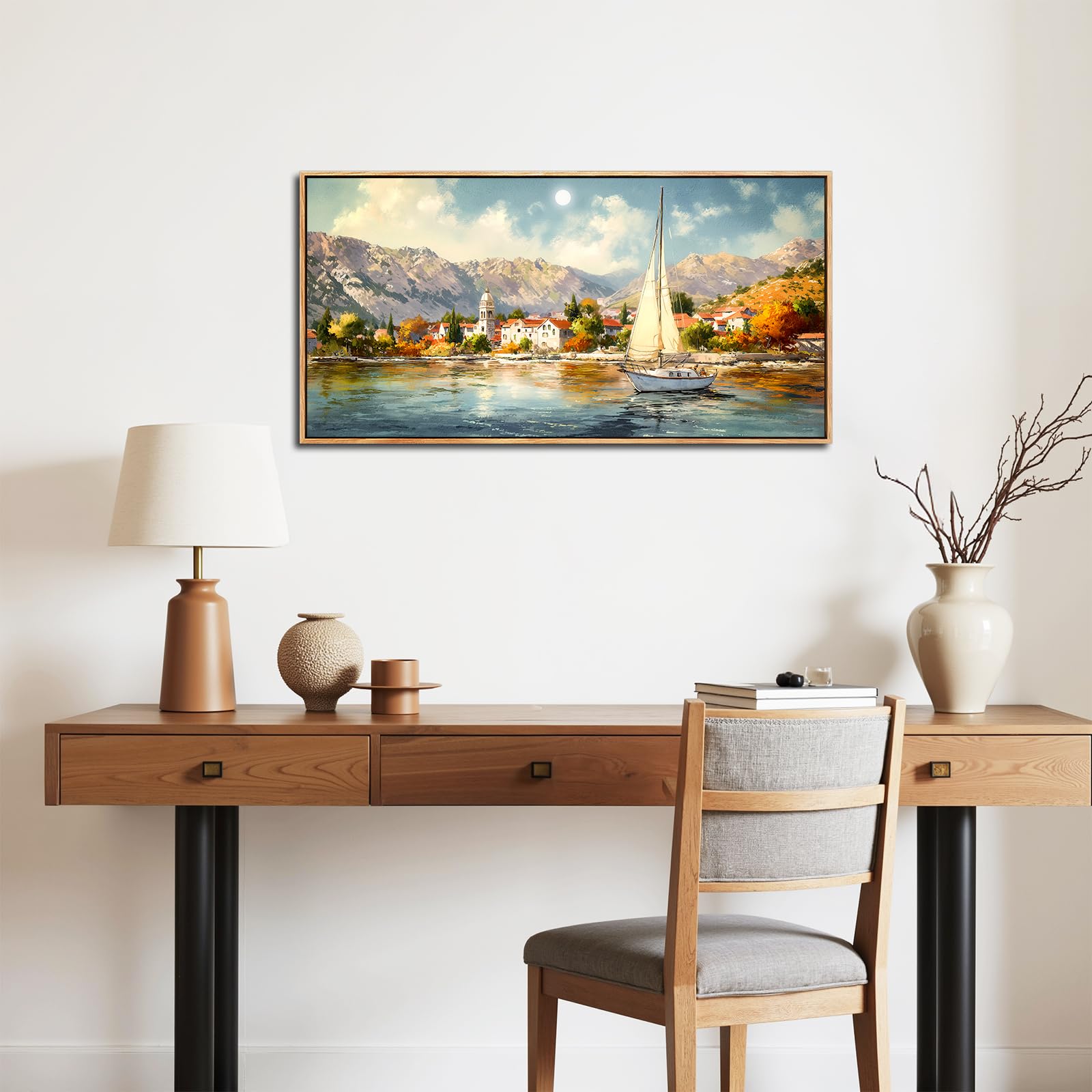 SERIMINO Modern Wandbild mit Rahmen Vintage Landschaft Bilder 50x100 cm | Küstenstadt Segelschiff Wanddeko, Hd Druck, Massivholzrahmen, Einfache Montage, Mehrgrößen Mehr, Vielseitig Einsetzbar
