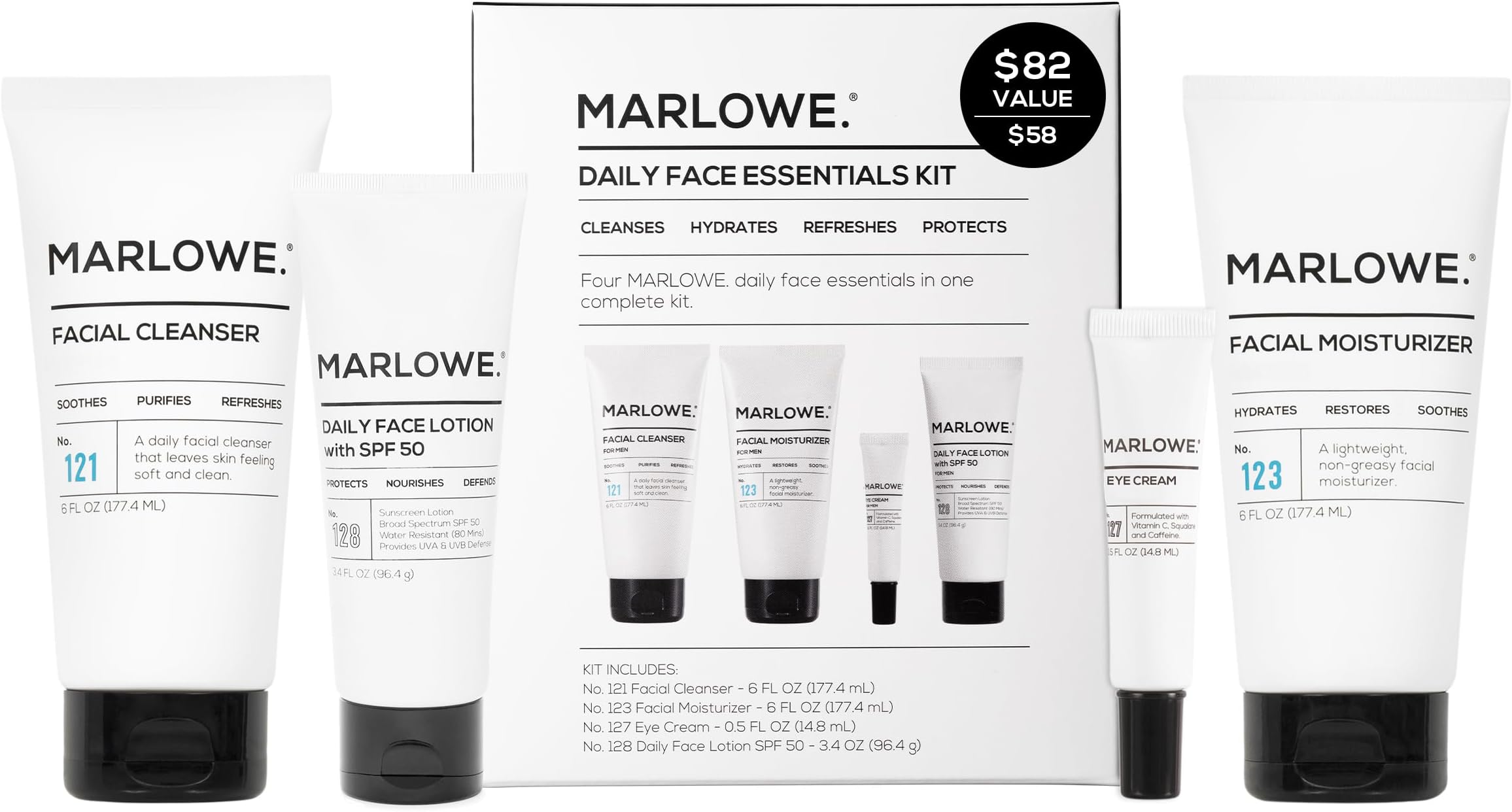 MARLOWE. Mens Skin Care Set, No. 204 Daily Essential Face Kit, No. 121 Facial Cleanser, No. 123 Facial Moisturizer, No. 127 Eye Cream, No. 128 Daily Face Lotion with SPF 50, Great Gift for Men