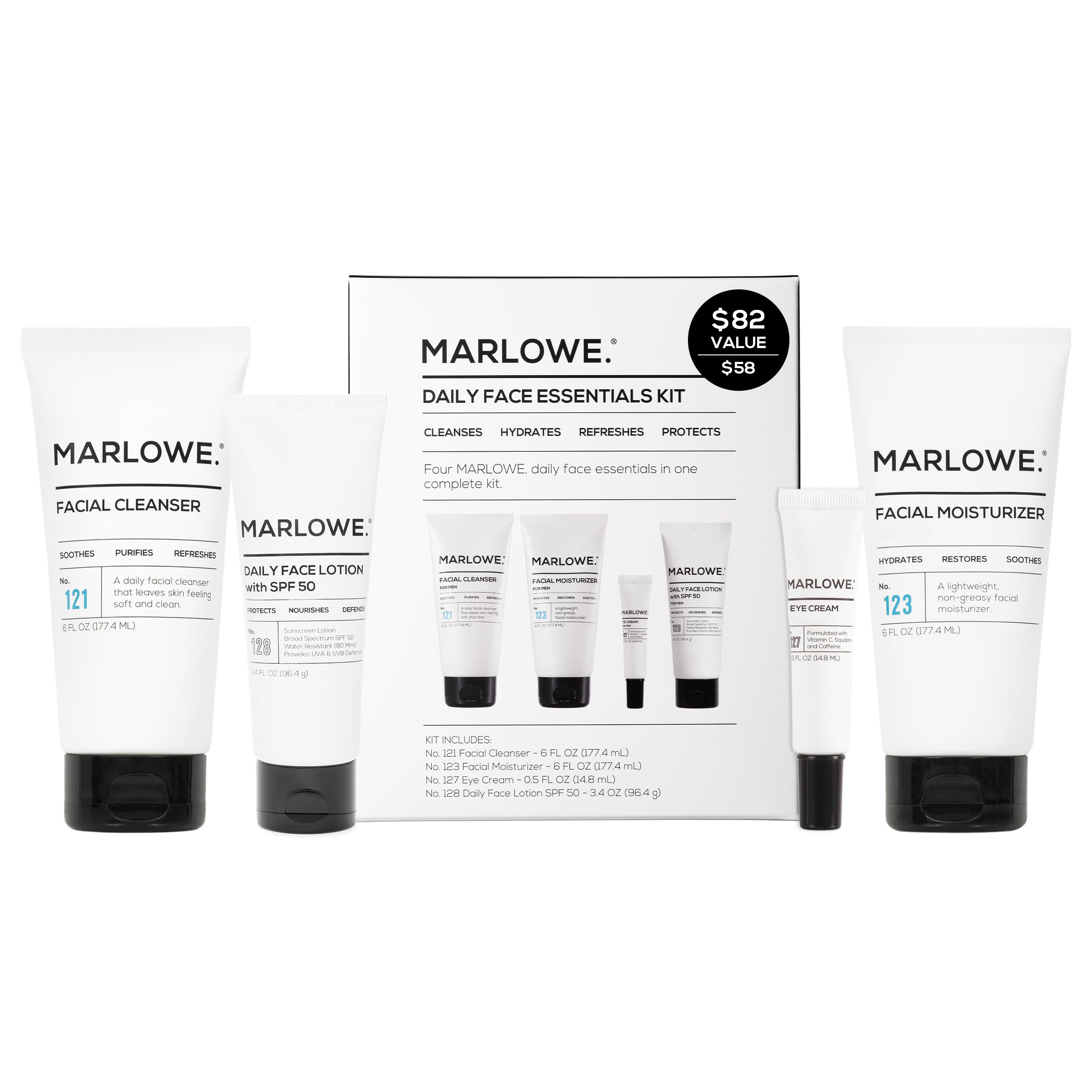 MARLOWE. Mens Skin Care Set, No. 204 Daily Essential Face Kit, No. 121 Facial Cleanser, No. 123 Facial Moisturizer, No. 127 Eye Cream, No. 128 Daily Face Lotion with SPF 50, Great Gift for Men