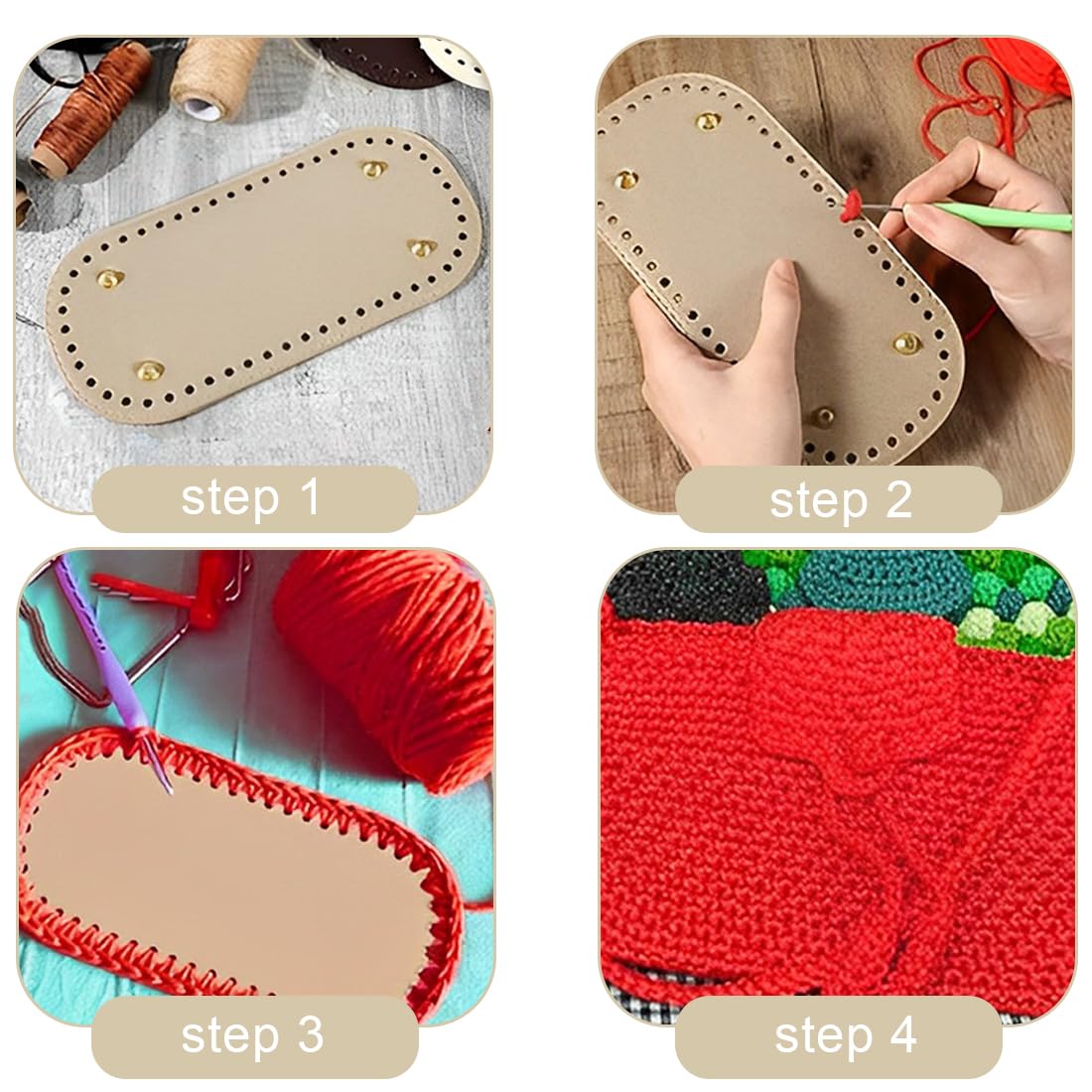 Dokeno Lot De 4 Fonds De Sac En Cuir PU – Base Ovale 22x10 Cm Avec 52 Trous Et Rivets, Idéal Crochet, Tricot Et Sacs DIY (Noir, Marron, Café, Blanc Cassé)