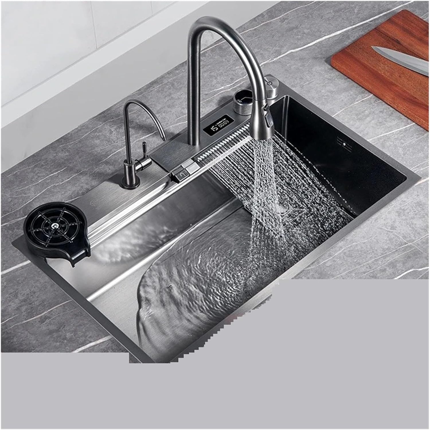 Waterfall Kitchen Sink Digital Display Vegetable Washing Basin Large Single Slot Stainless Steel Dishwashing Pool Set(7546-SX-2)