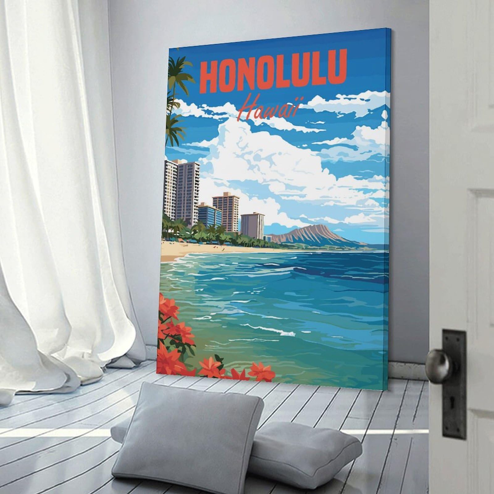 Junmoney Honolulu Hawaii Canvas Wall Picture 20x30inch(50x75cm), for Picture Wall Styling in Lounge Or Bedroom, Decorative Artwork with Flexible Styling