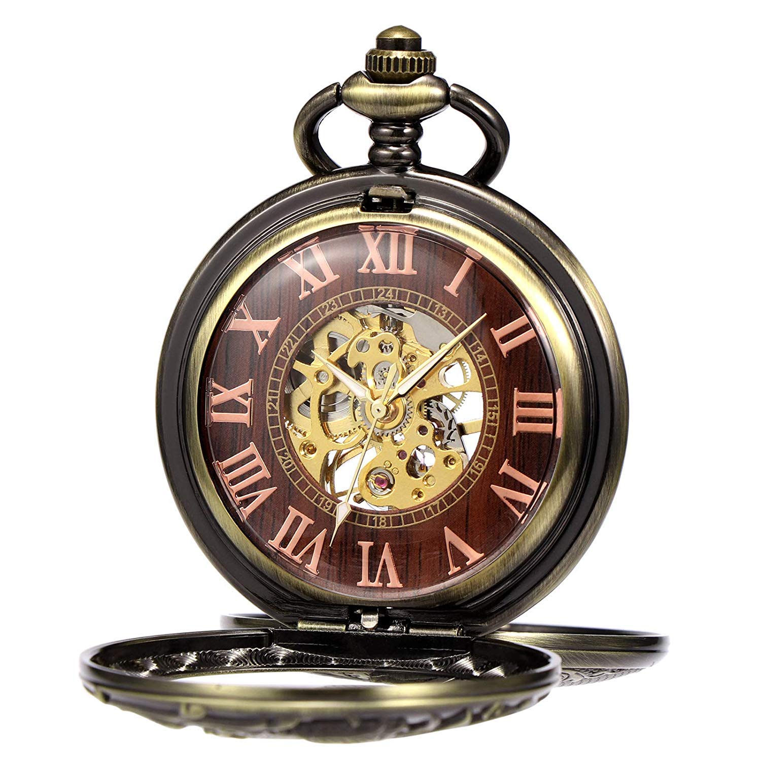 TREEWETO 機械式 手巻 懐中時計 両面蓋 龍透かし スケルトン チェーン 付き - 2