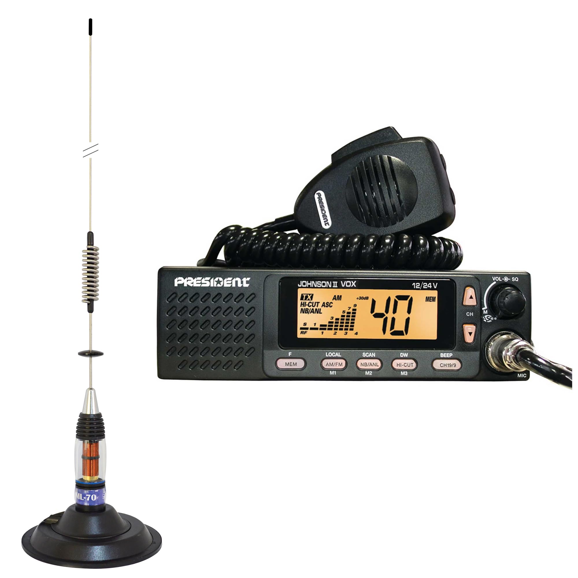 Kit Radio CB President Johnson II ASC + antenne CB PNI ML70, Longueur 70 cm, 26-30 MHz, 200 W