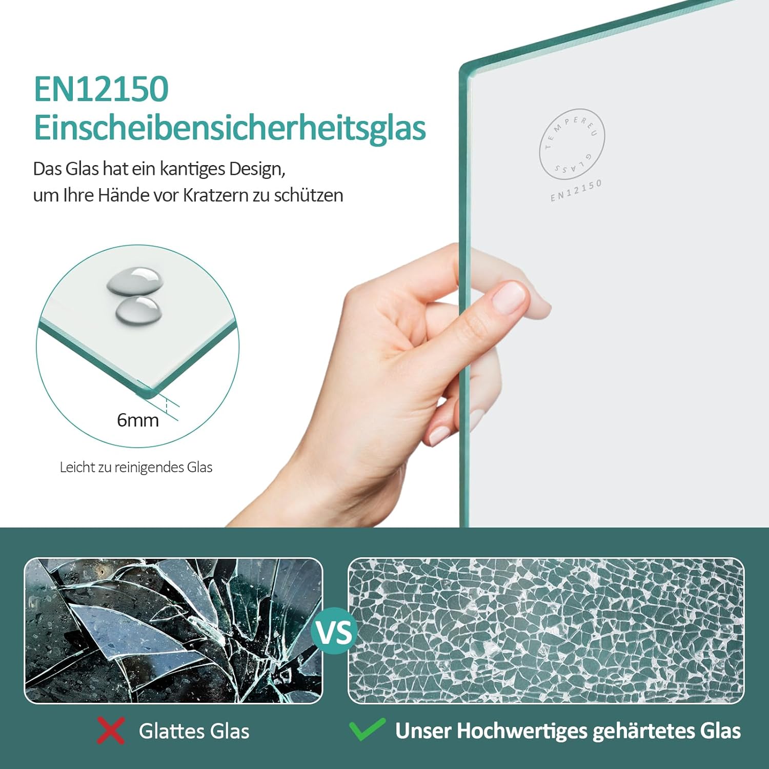 Diagram illustrating 6mm tempered safety glass with nano-coating and a comparison between shattered regular glass and shattered tempered glass