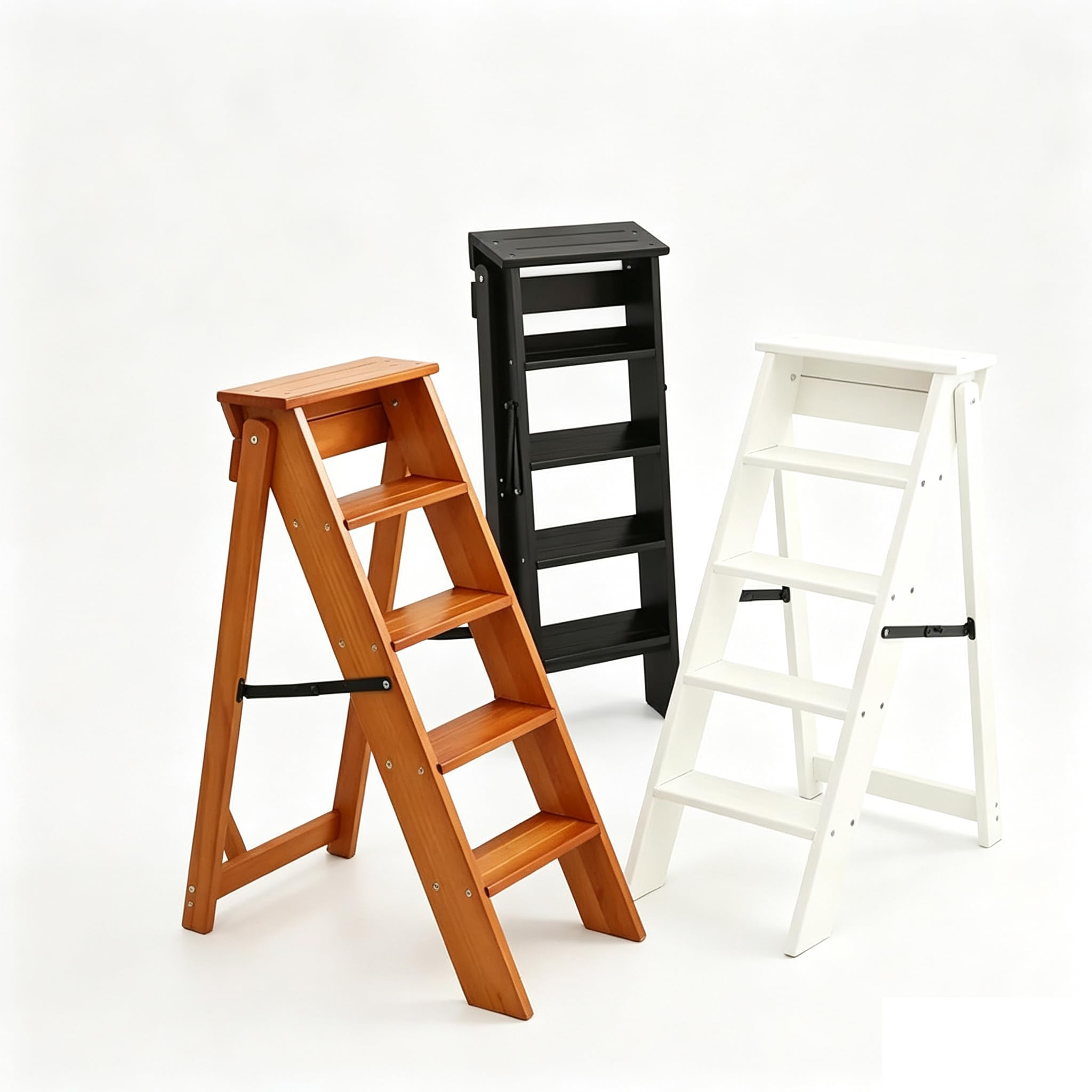 Moveable 5 Steps Stepladder Multifunction Wooden Ladder Stool Folding