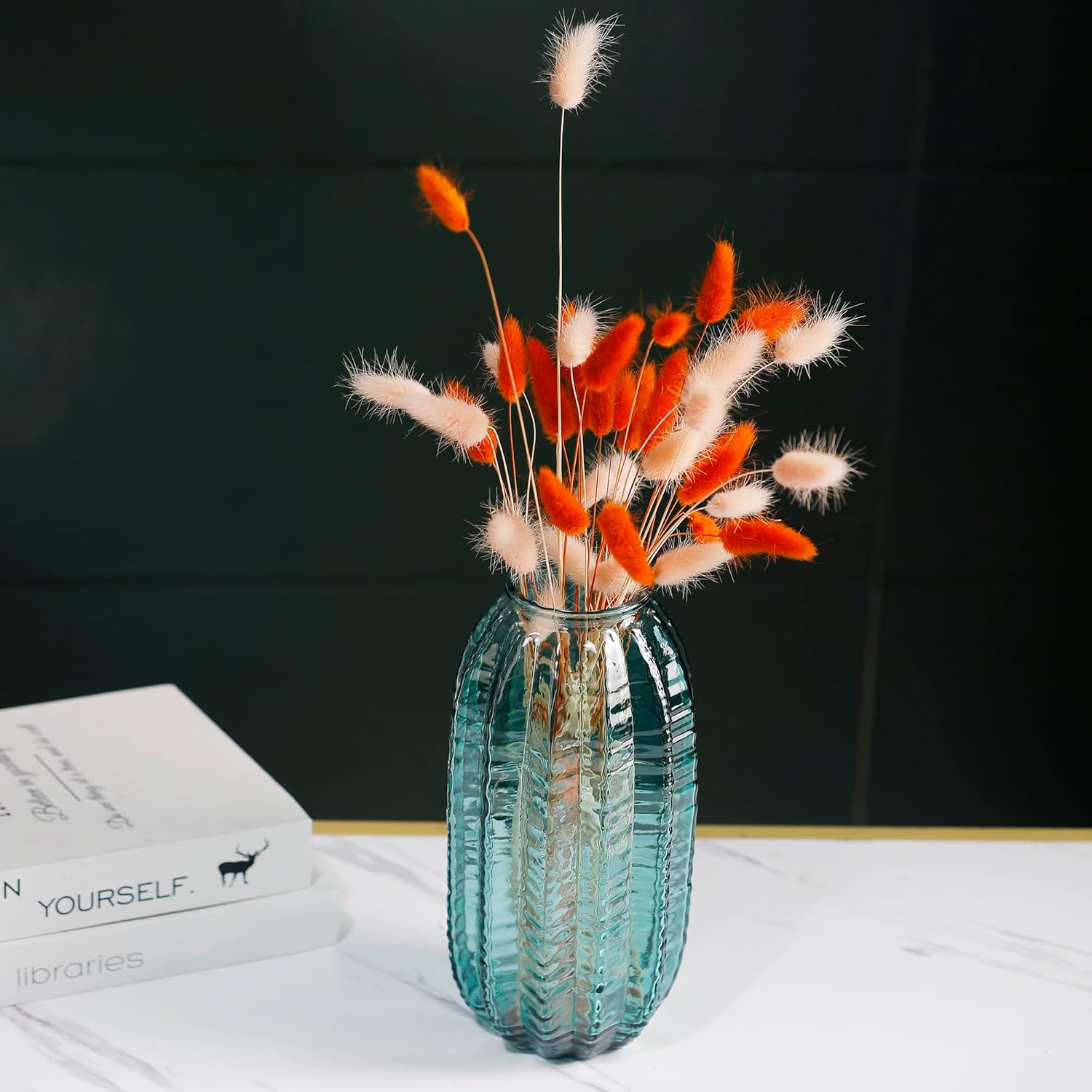 Unique Cylinder Shaped Green Glass Flower Vase-9.8 inch Tall,Simple Striped Design for Home Decor,Centerpieces, Wedding, Dining Table, Arrangement. - Image 8