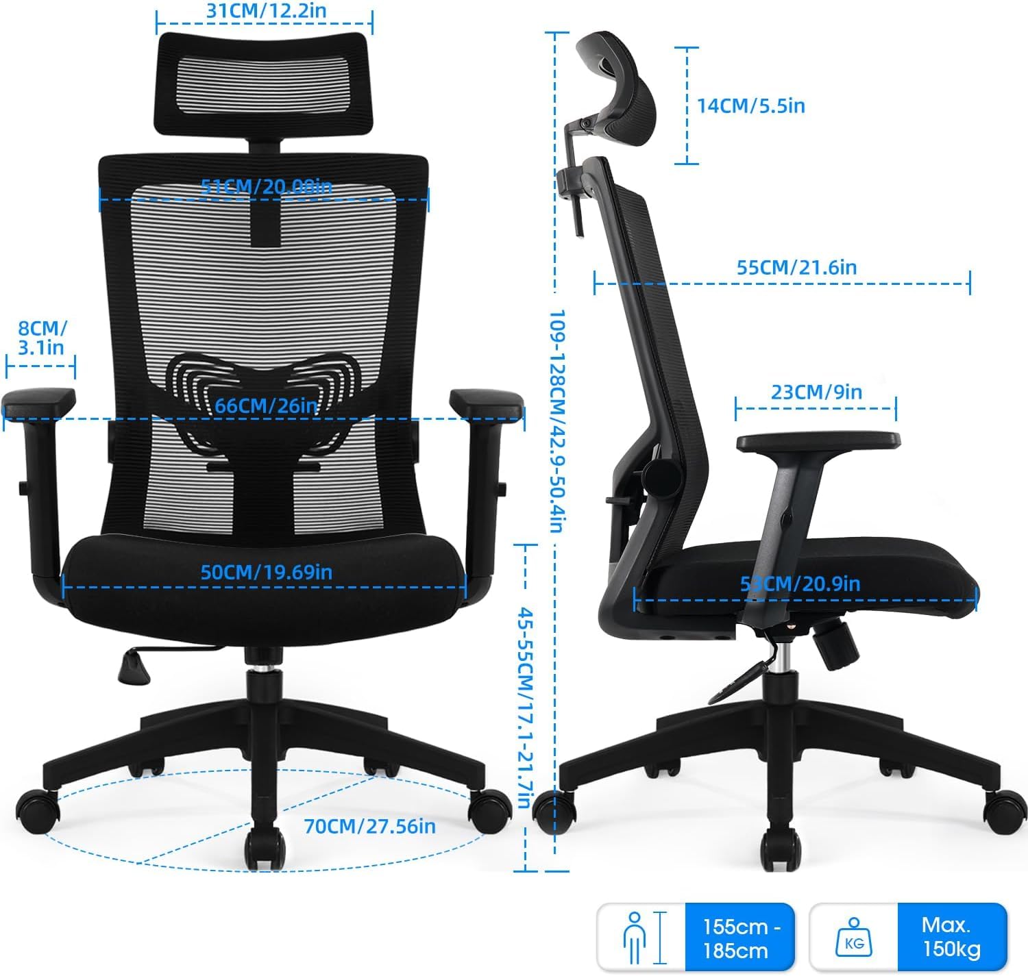 Daccormax Bürostuhl Ergonomisch, Schreibtischstuhl mit Verstellbarer Kopfstütze, Armlehnen, Lendenwirbelstütze, Drehstuhl Wippfunktion bis 135°, Chefsessel aus Mesh, 150kg