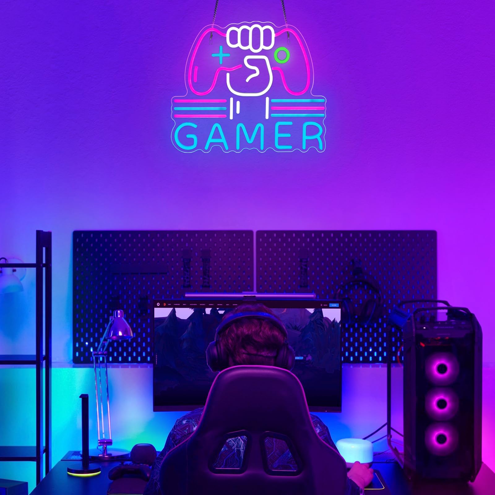 Gamer Neon Schild, hell und dimmbar, großes buntes Neonlicht für Gaming-Video-Zimmer, Schlafzimmer, Wanddekoration, USB-betriebene LED-Spielzimmer-Nachtlichter, cooles Geschenk für Jungen, Teenager,